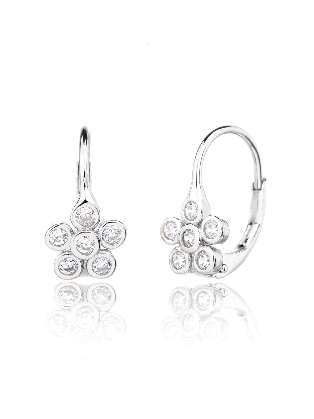 Six-petal flower white cubic zirconia leverback earrings in hallmarked, rhodium-plated 925 sterling silver – front and side views – DRESCHER Jewellery®
