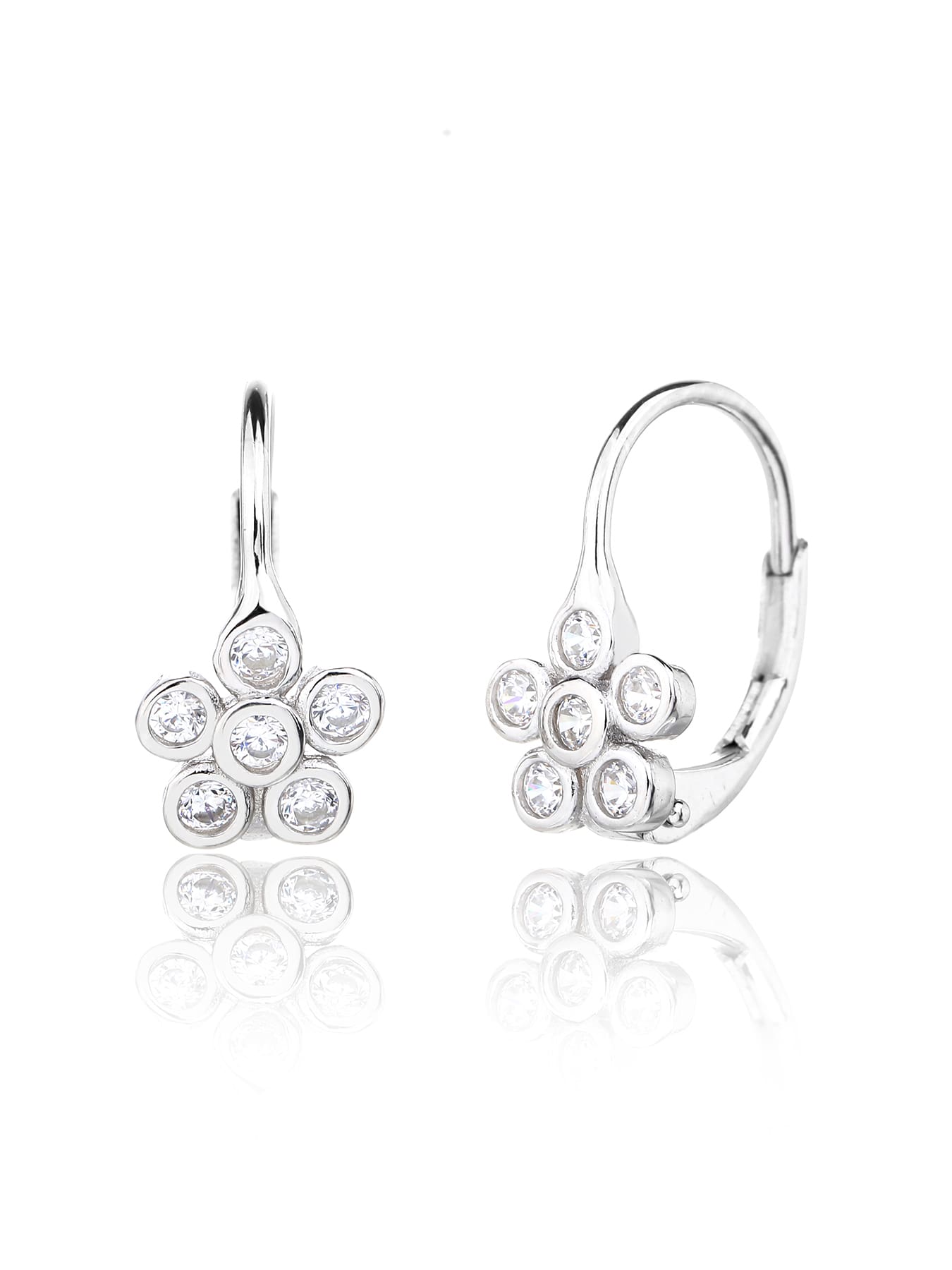 Six-petal flower white cubic zirconia leverback earrings in hallmarked, rhodium-plated 925 sterling silver – front and side views – DRESCHER Jewellery®