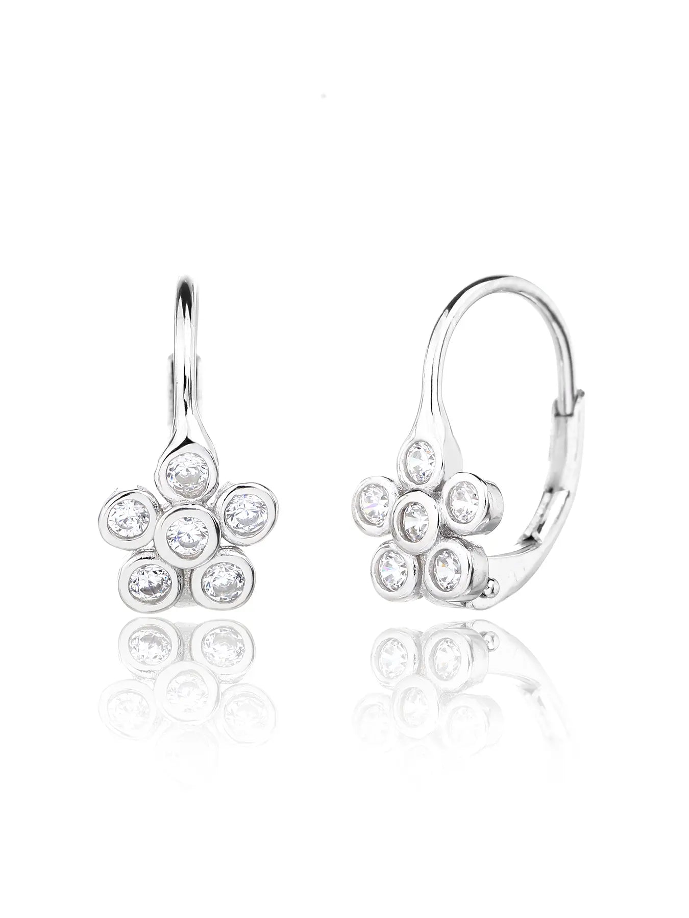 Silver flower earrings with white zirconia