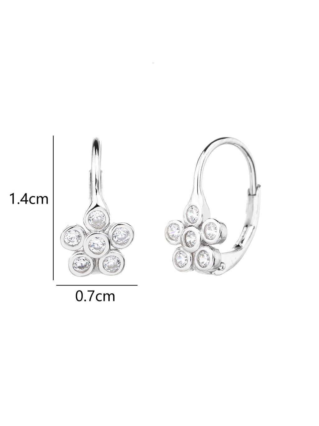 Six-petal flower white cubic zirconia leverback earrings in hallmarked, rhodium-plated 925 sterling silver – 1.4 × 0.7 cm dimensions – DRESCHER Jewellery®