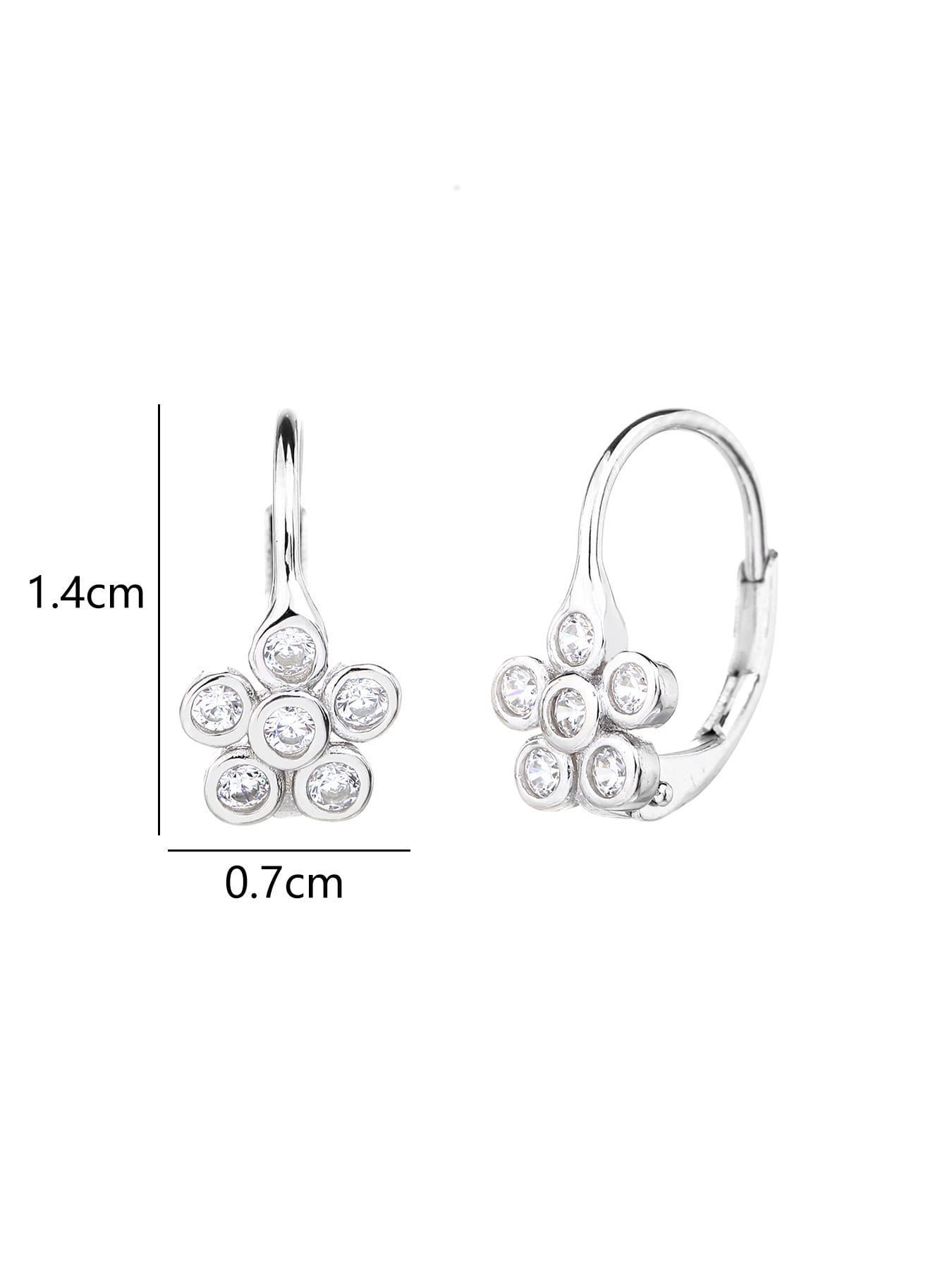 Six-petal flower white cubic zirconia leverback earrings in hallmarked, rhodium-plated 925 sterling silver – 1.4 × 0.7 cm dimensions – DRESCHER Jewellery®