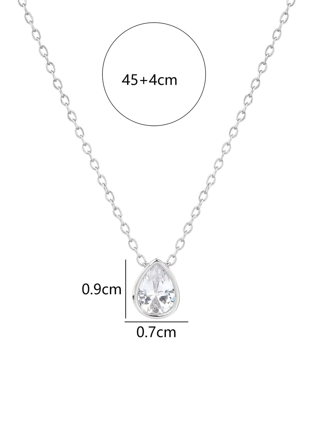 water drop white cubic zirconia necklace in hallmarked, rhodium-plated 925 sterling silver – dimensions view – DRESCHER Jewellery®