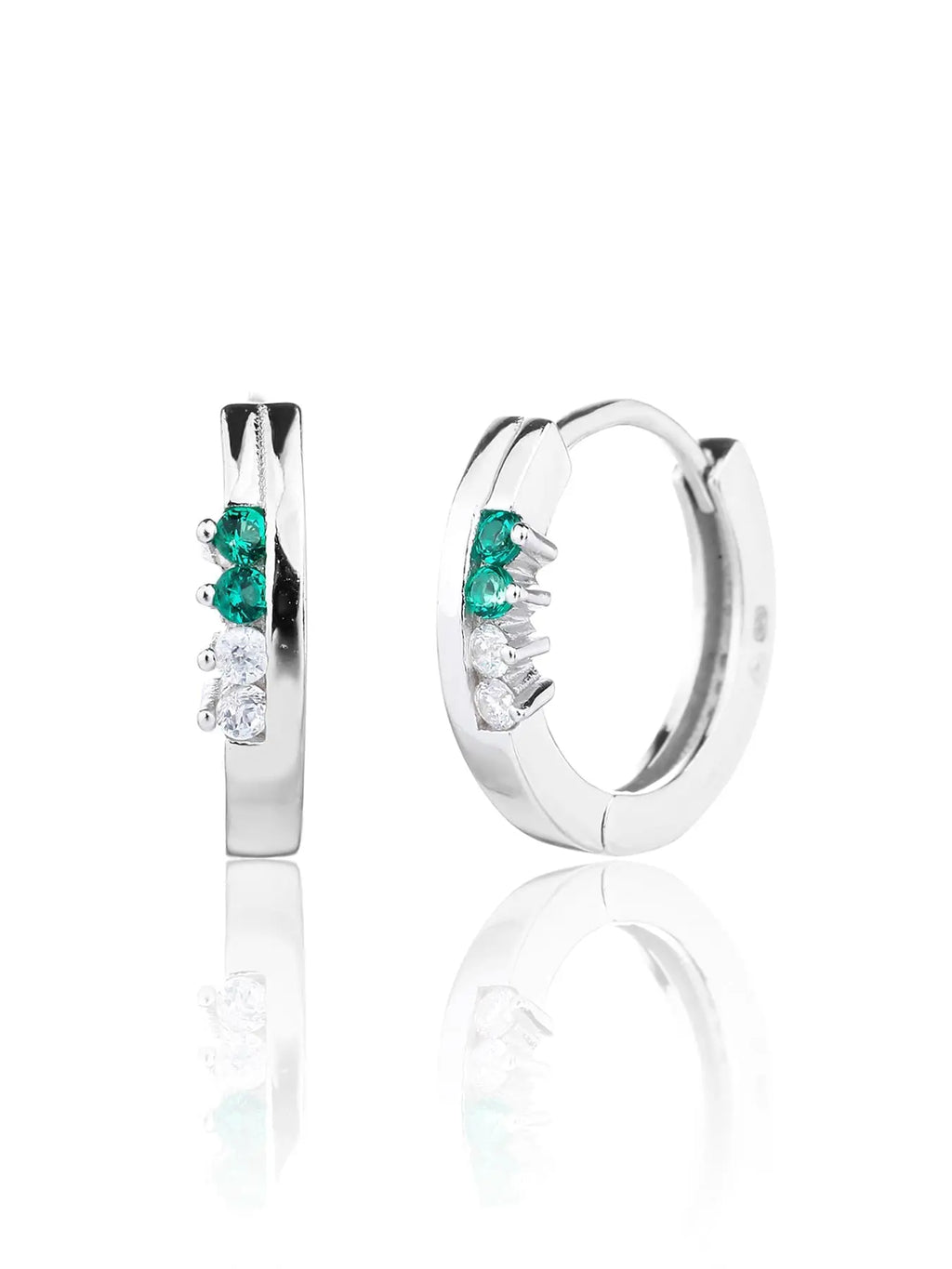 Green and white cubic zirconia hoop earrings in hallmarked, rhodium-plated 925 sterling silver – front and side views – DRESCHER Jewellery®