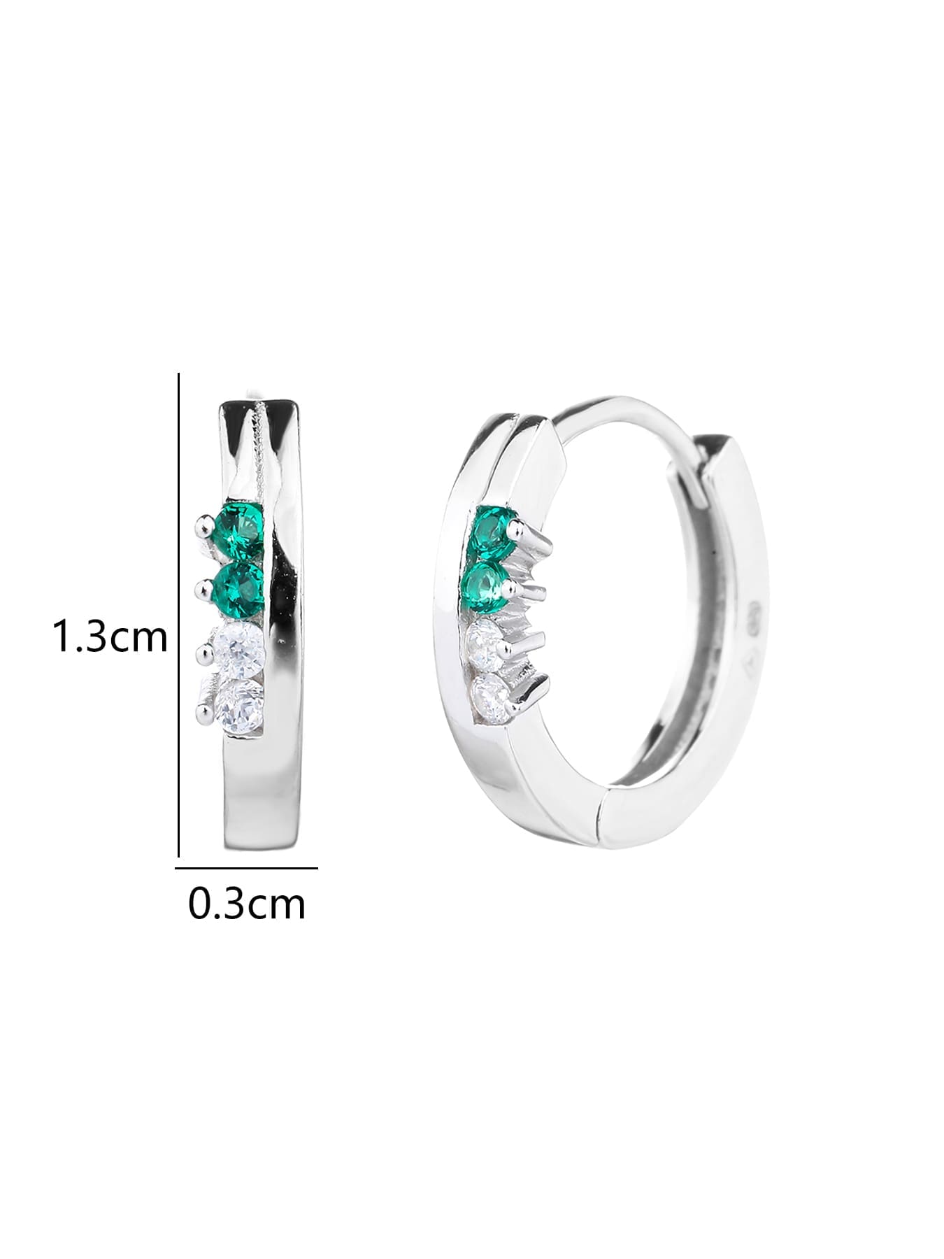 Green and white cubic zirconia hoop earrings in hallmarked, rhodium-plated 925 sterling silver – 1.3 × 0.3 cm dimensions – DRESCHER Jewellery®