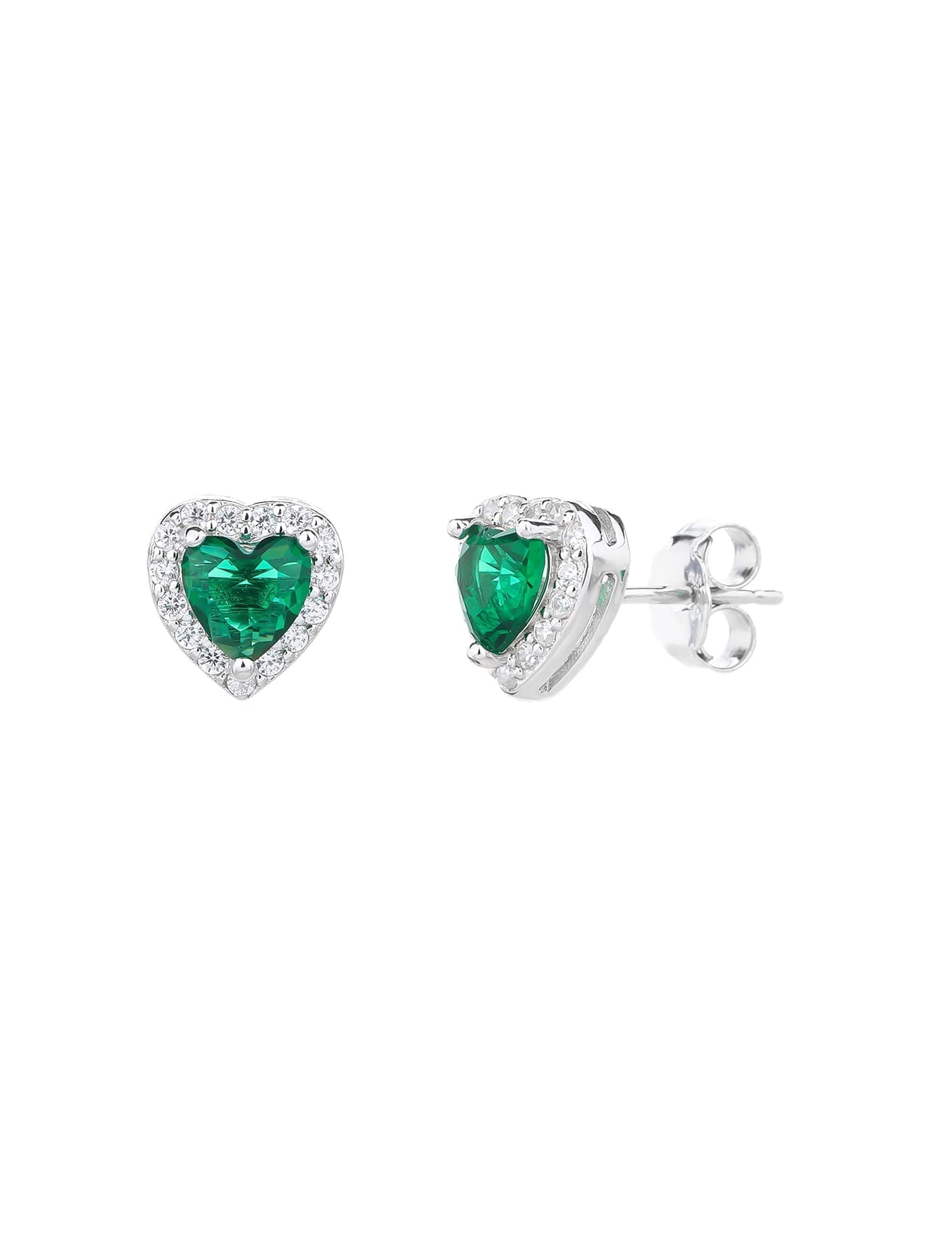 Green heart and white cubic zirconia stud earrings in hallmarked, rhodium-plated 925 sterling silver – front and side views – DRESCHER Jewellery®