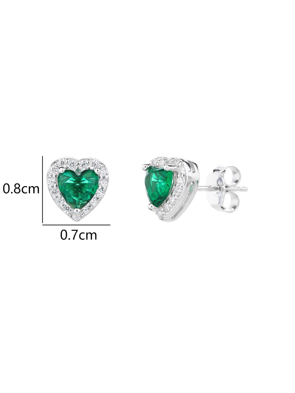Green heart and white cubic zirconia stud earrings in hallmarked, rhodium-plated 925 sterling silver – dimensions – DRESCHER Jewellery®