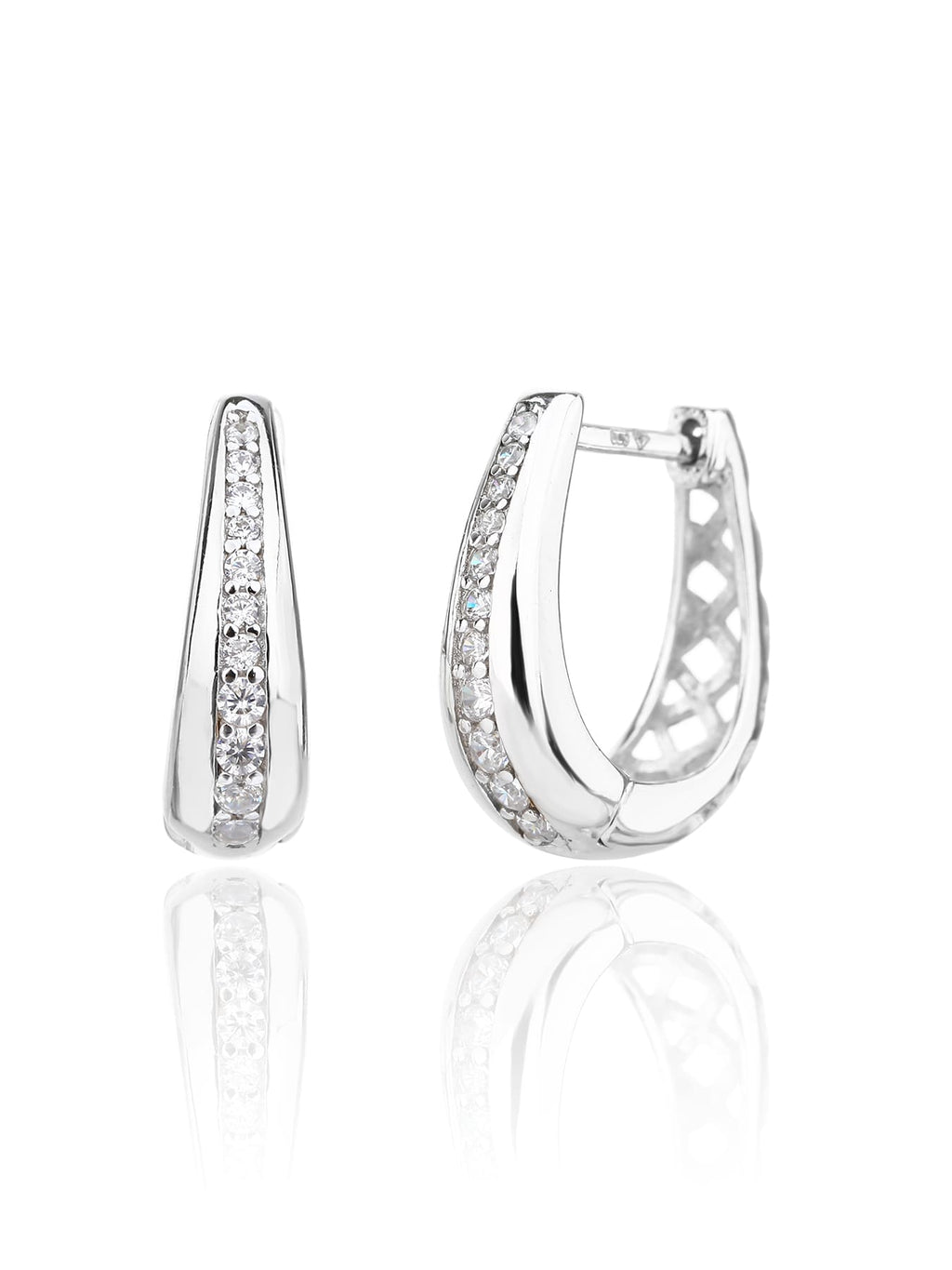 Double-row white cubic zirconia hoop earrings in hallmarked, rhodium-plated 925 sterling silver – front and side views – DRESCHER Jewellery®
