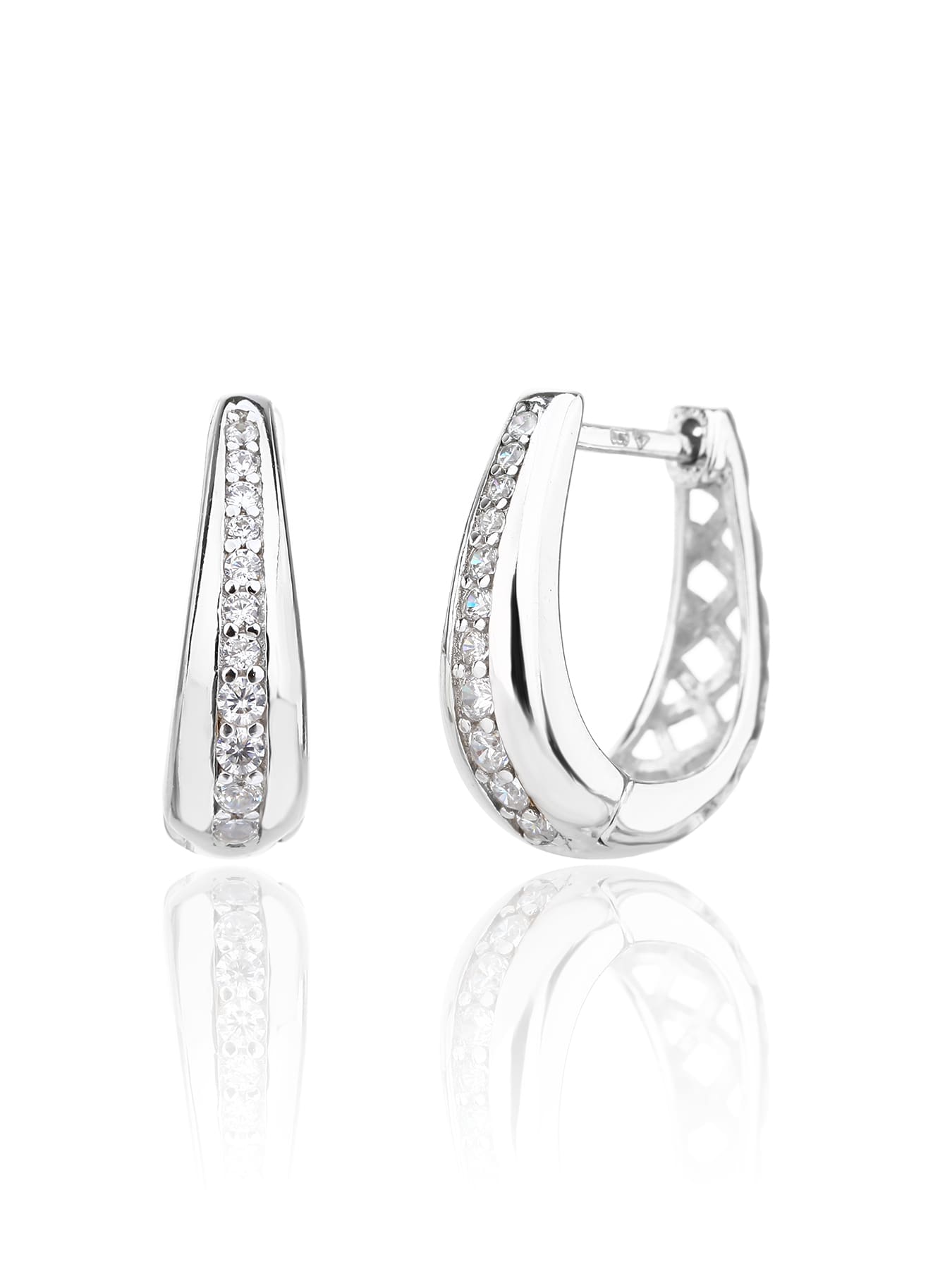 Double-row white cubic zirconia hoop earrings in hallmarked, rhodium-plated 925 sterling silver – front and side views – DRESCHER Jewellery®