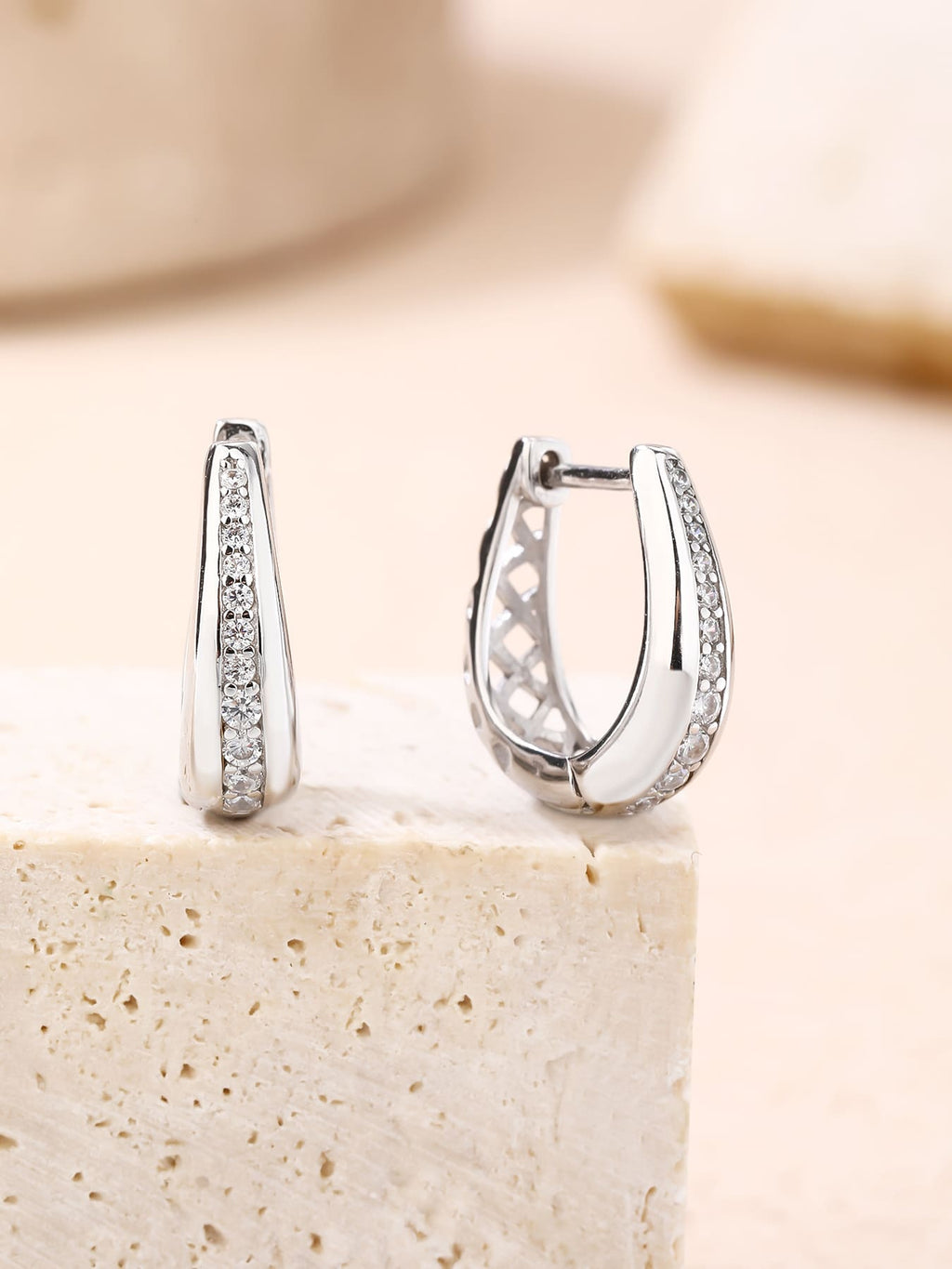 Double-row white cubic zirconia hoop earrings in hallmarked, rhodium-plated 925 sterling silver – display view – DRESCHER Jewellery®