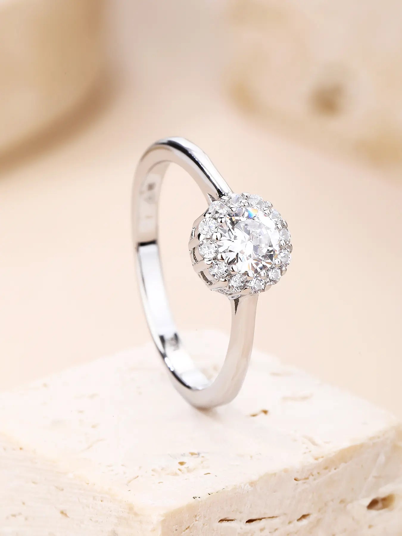 White cubic zirconia stones silver ring with rhodium plated multi-stone solitaire style
