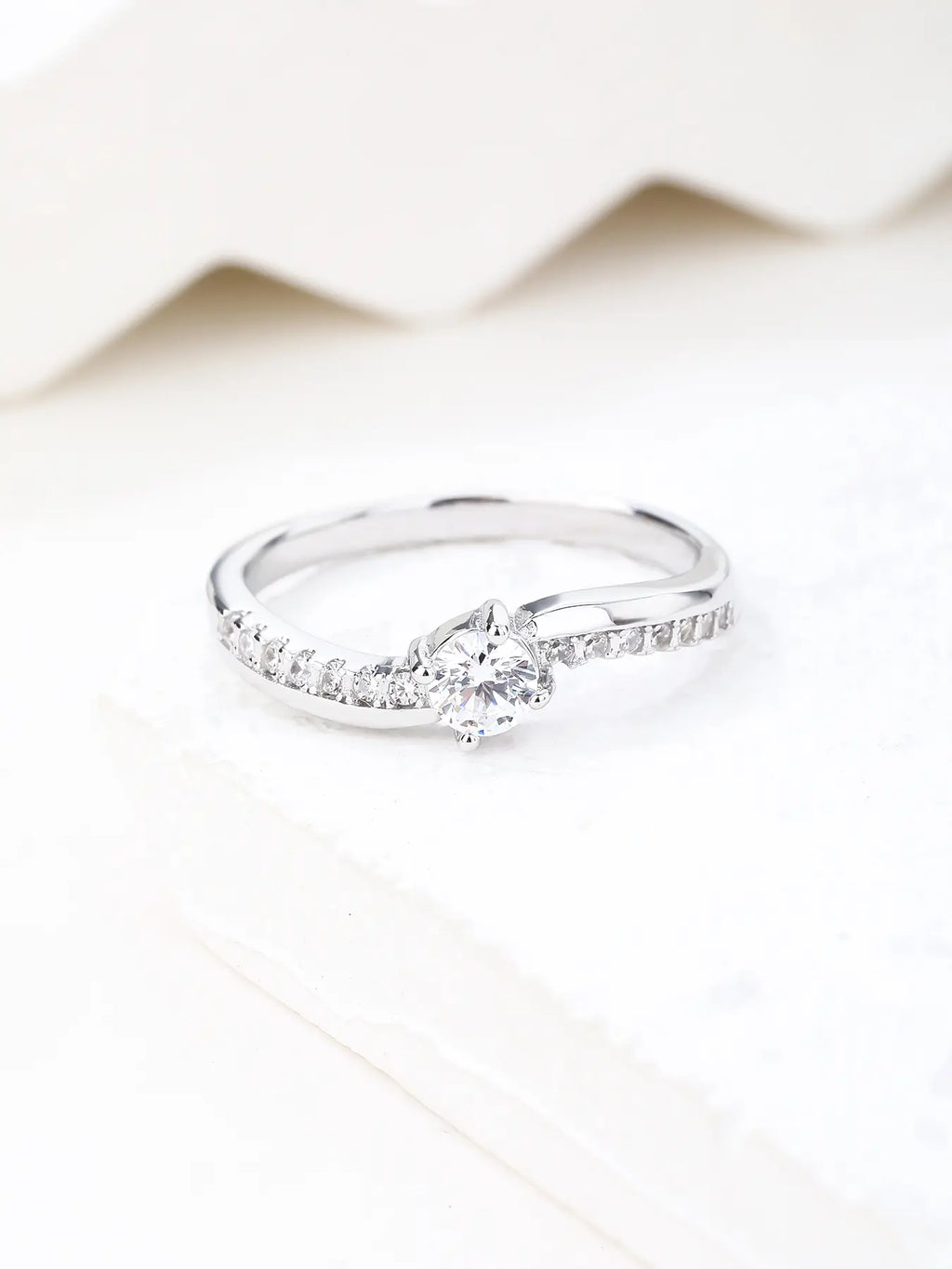 White cubic zirconia sterling silver ring with rhodium plating - classic solitaire engagement ring