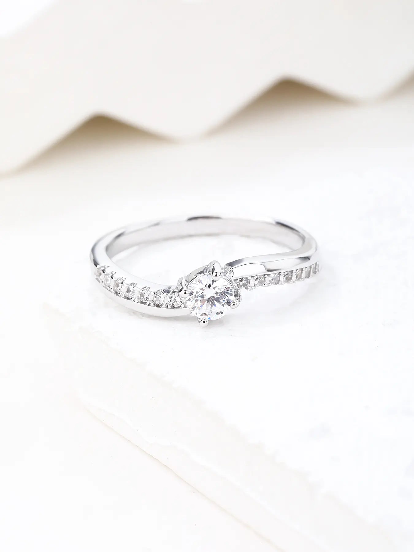 White cubic zirconia sterling silver ring with rhodium plating - classic solitaire engagement ring