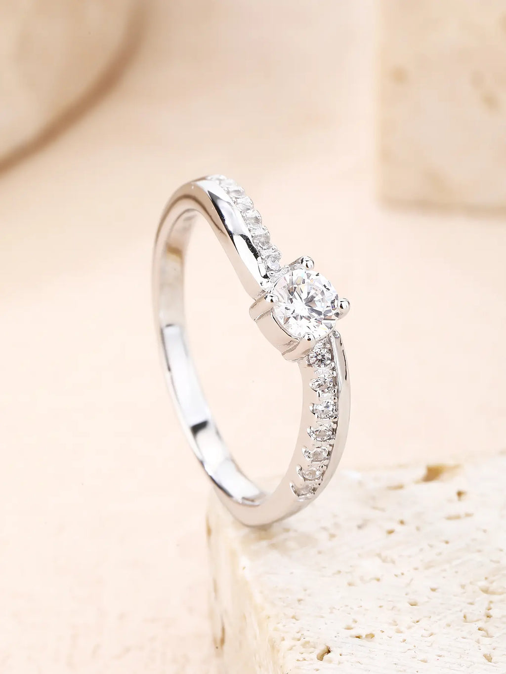 White cubic zirconia sterling silver ring with rhodium plating - classic solitaire engagement ring