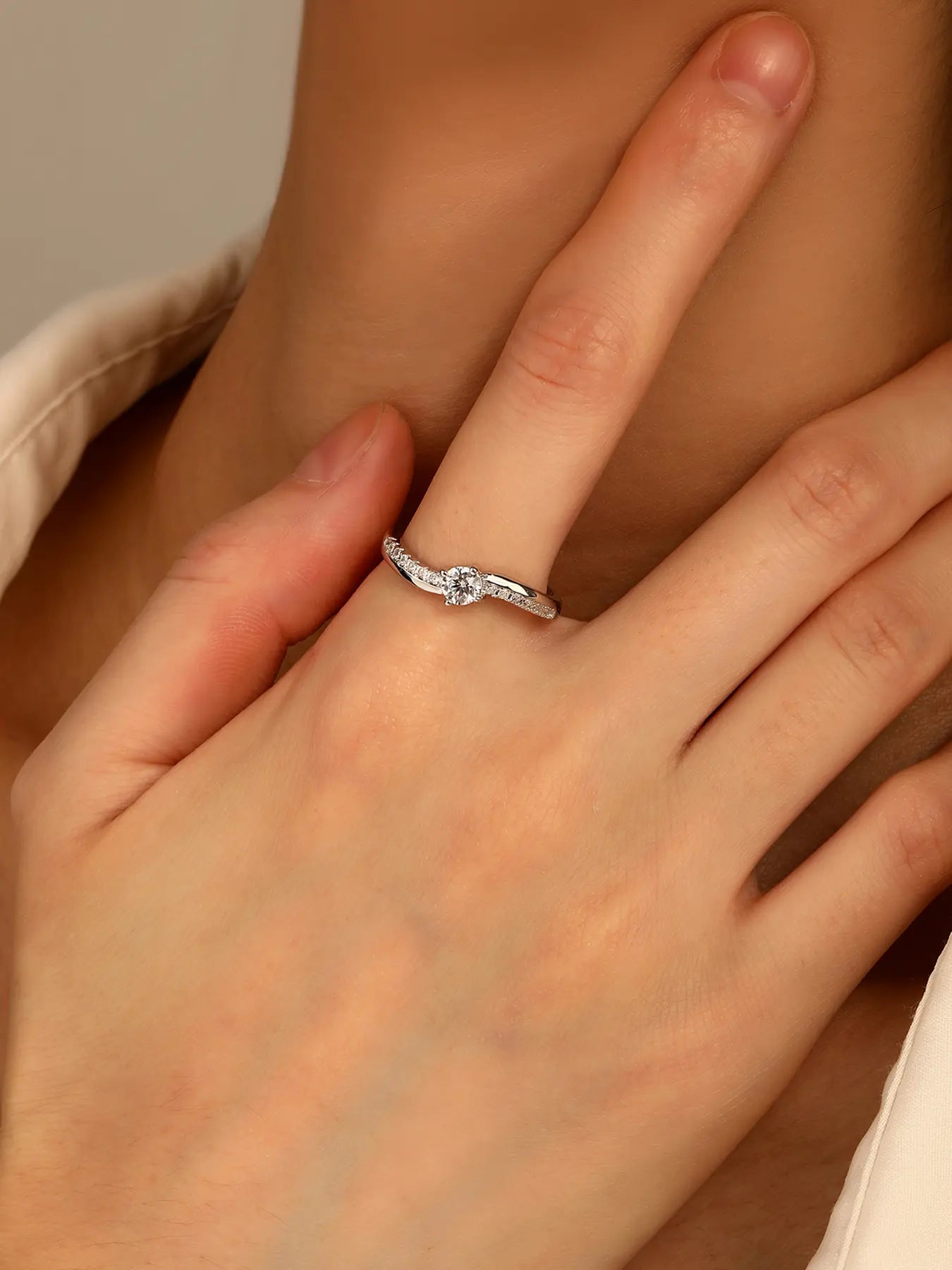 White cubic zirconia sterling silver ring with rhodium plating - classic solitaire engagement ring