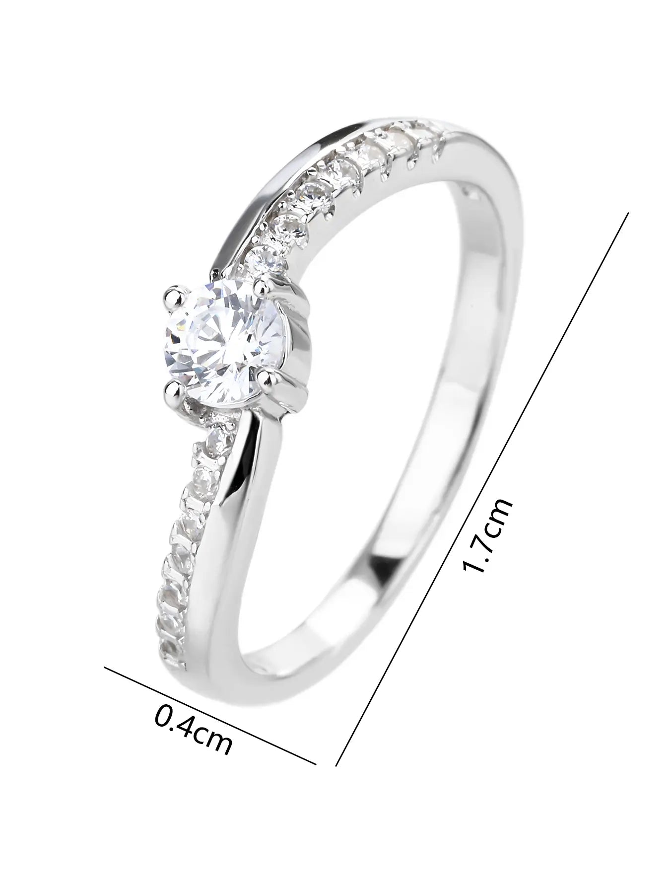 White cubic zirconia sterling silver ring with rhodium plating - classic solitaire engagement ring