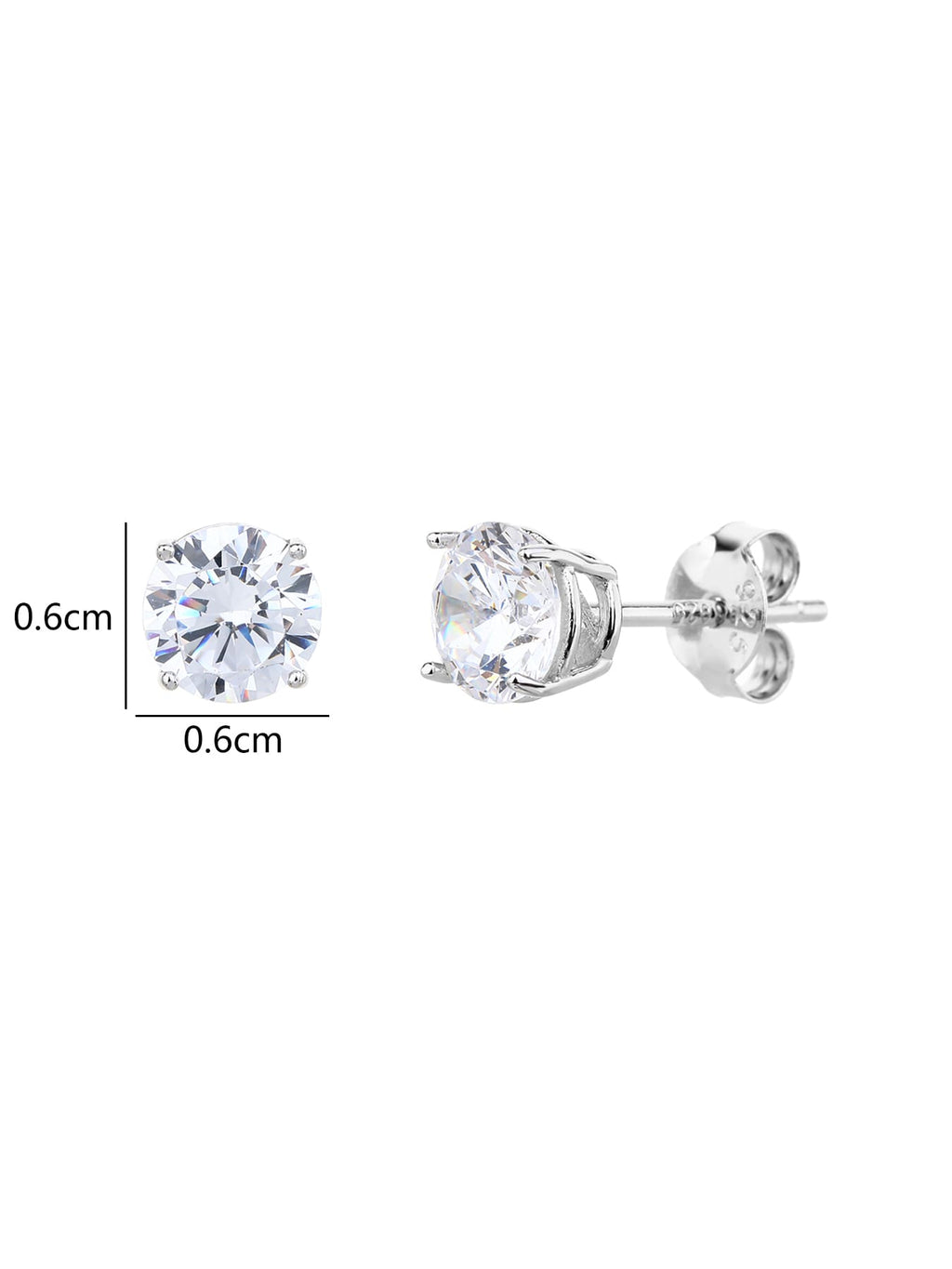 White solitaire cubic zirconia four-claw stud earrings in hallmarked, rhodium-plated 925 sterling silver – 0.6 cm dimensions – DRESCHER Jewellery®