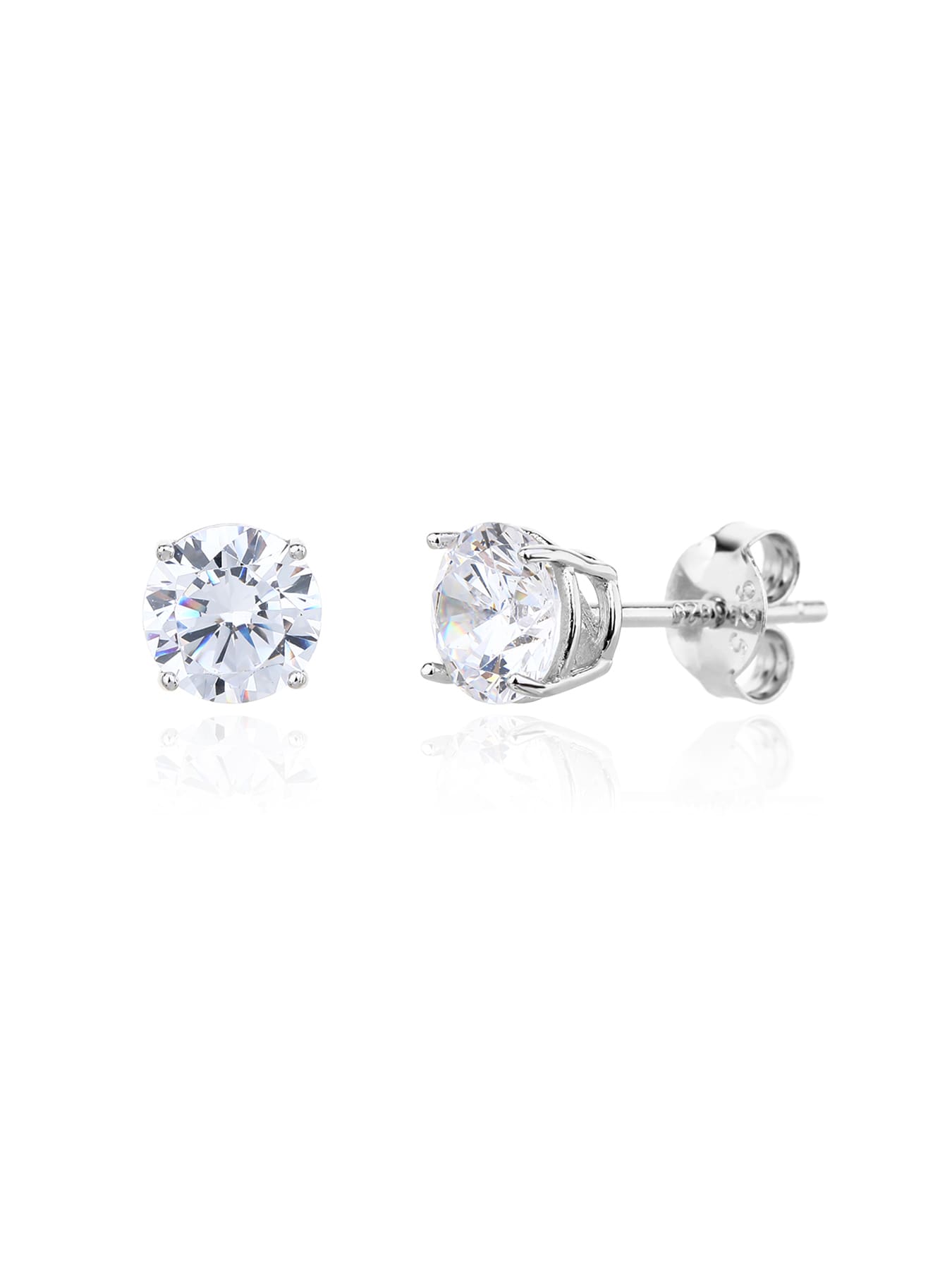 White solitaire cubic zirconia four-claw stud earrings in hallmarked, rhodium-plated 925 sterling silver – front and side views – DRESCHER Jewellery®