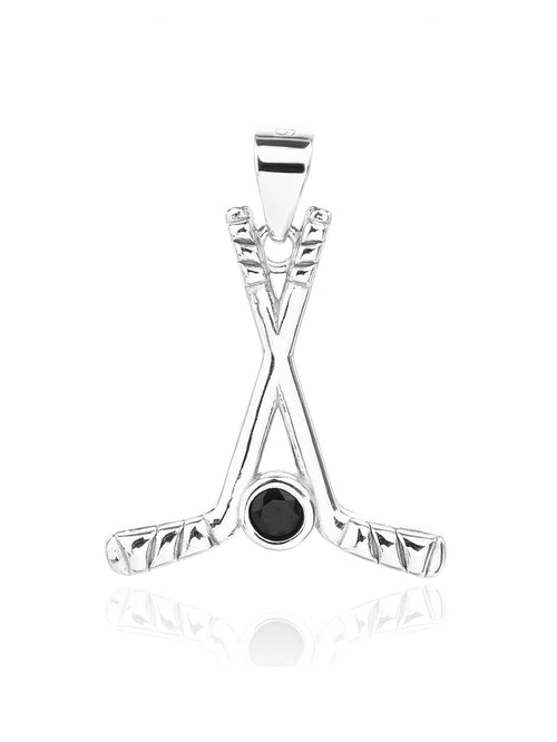 Black stone silver hockey stick pendant in hallmarked, rhodium-plated 925 sterling silver – alternate front view – DRESCHER Jewellery®