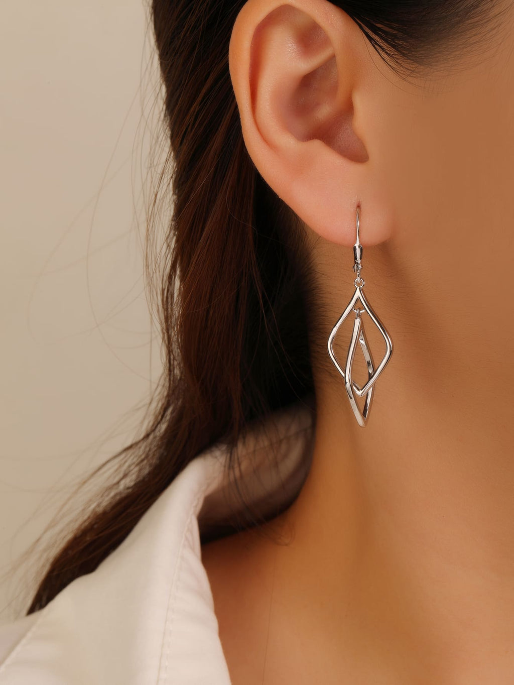 geometric double-diamond dangle earrings in hallmarked, rhodium-plated 925 sterling silver – worn view – DRESCHER Jewellery®