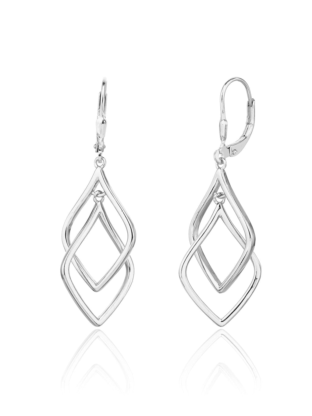 geometric double-diamond dangle earrings in hallmarked, rhodium-plated 925 sterling silver – front and side views – DRESCHER Jewellery®