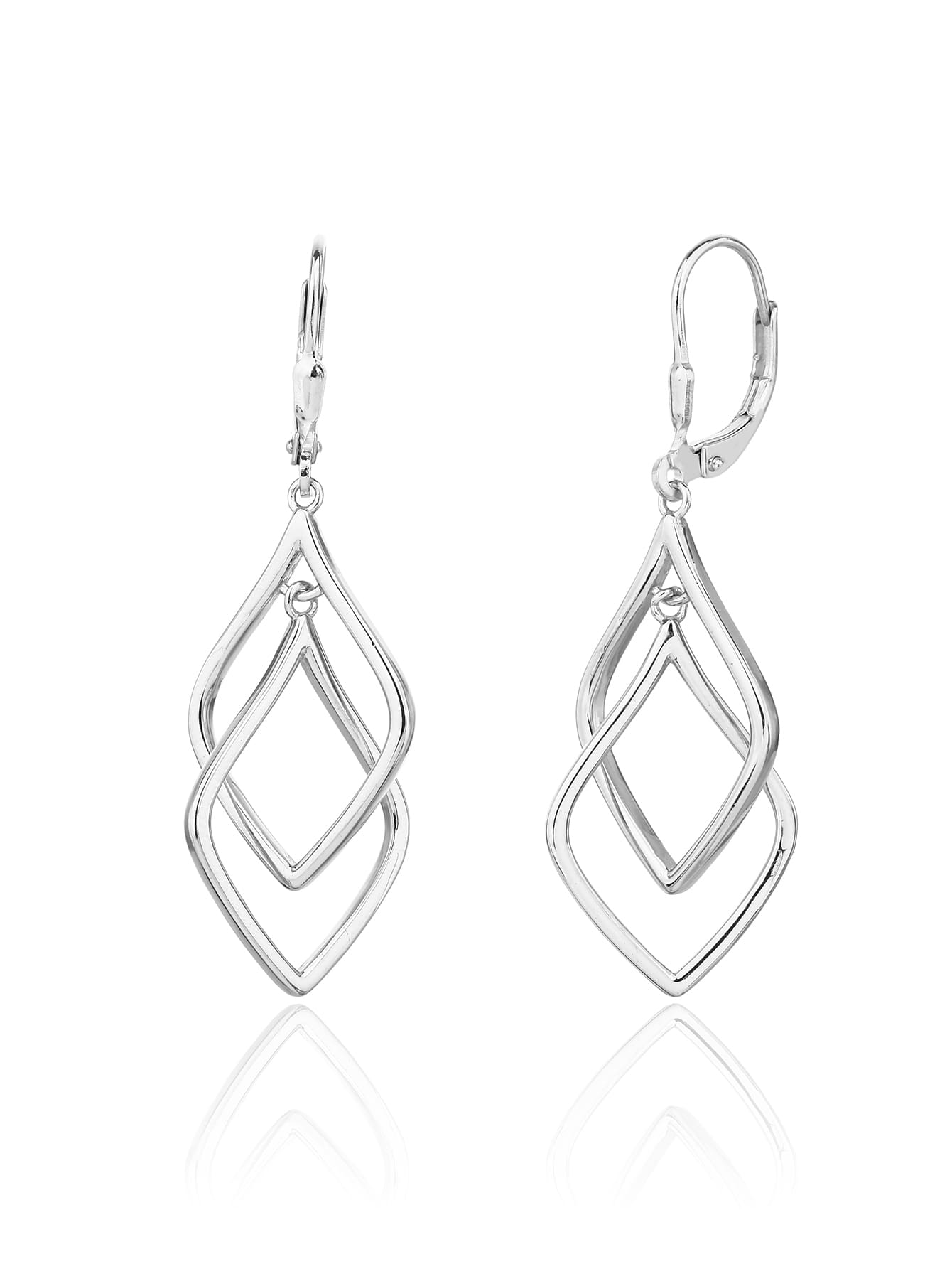 geometric double-diamond dangle earrings in hallmarked, rhodium-plated 925 sterling silver – front and side views – DRESCHER Jewellery®