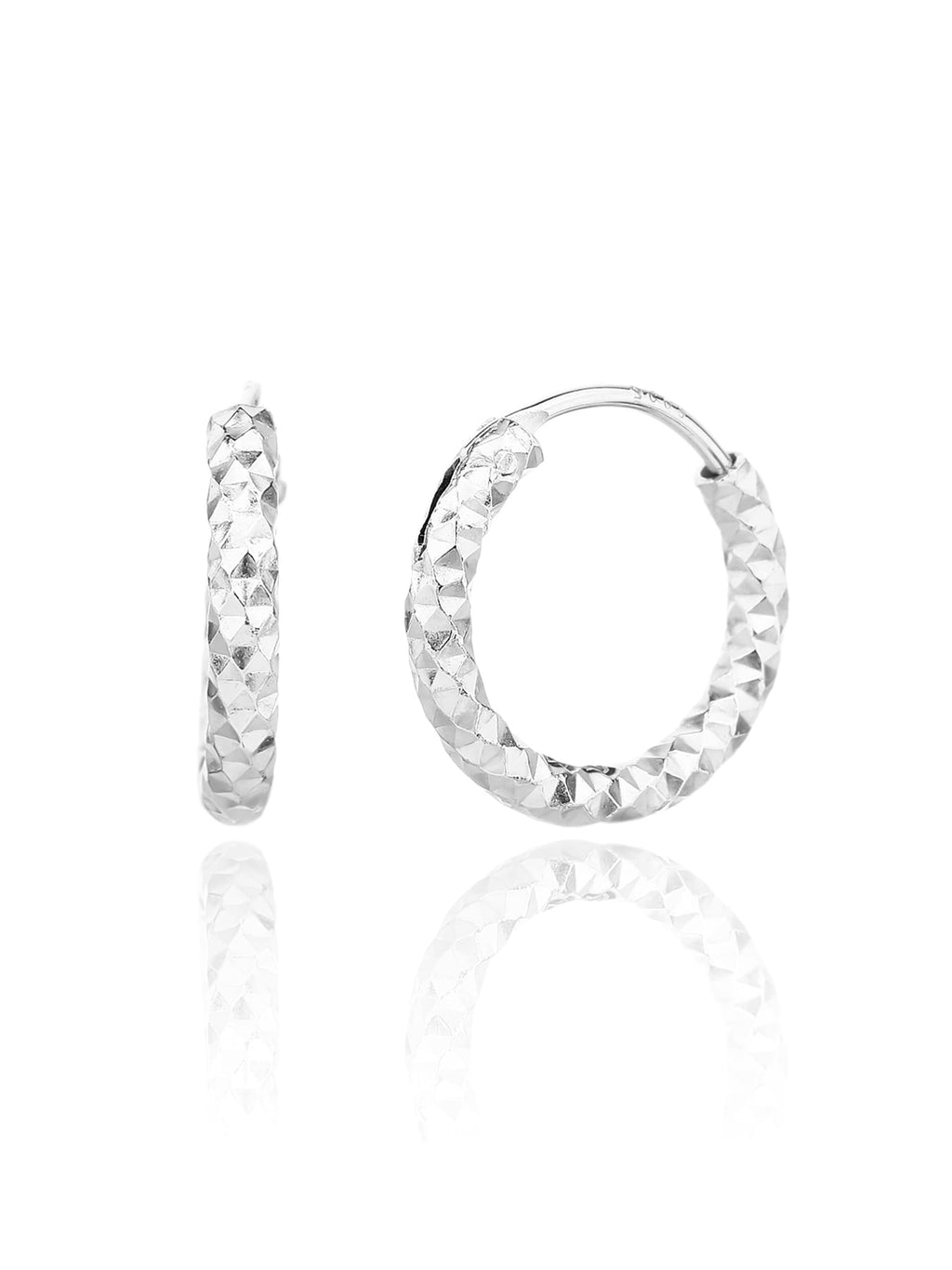 diamond-engraved hoop earrings in hallmarked, rhodium-plated 925 sterling silver – front and side views – DRESCHER Jewellery®