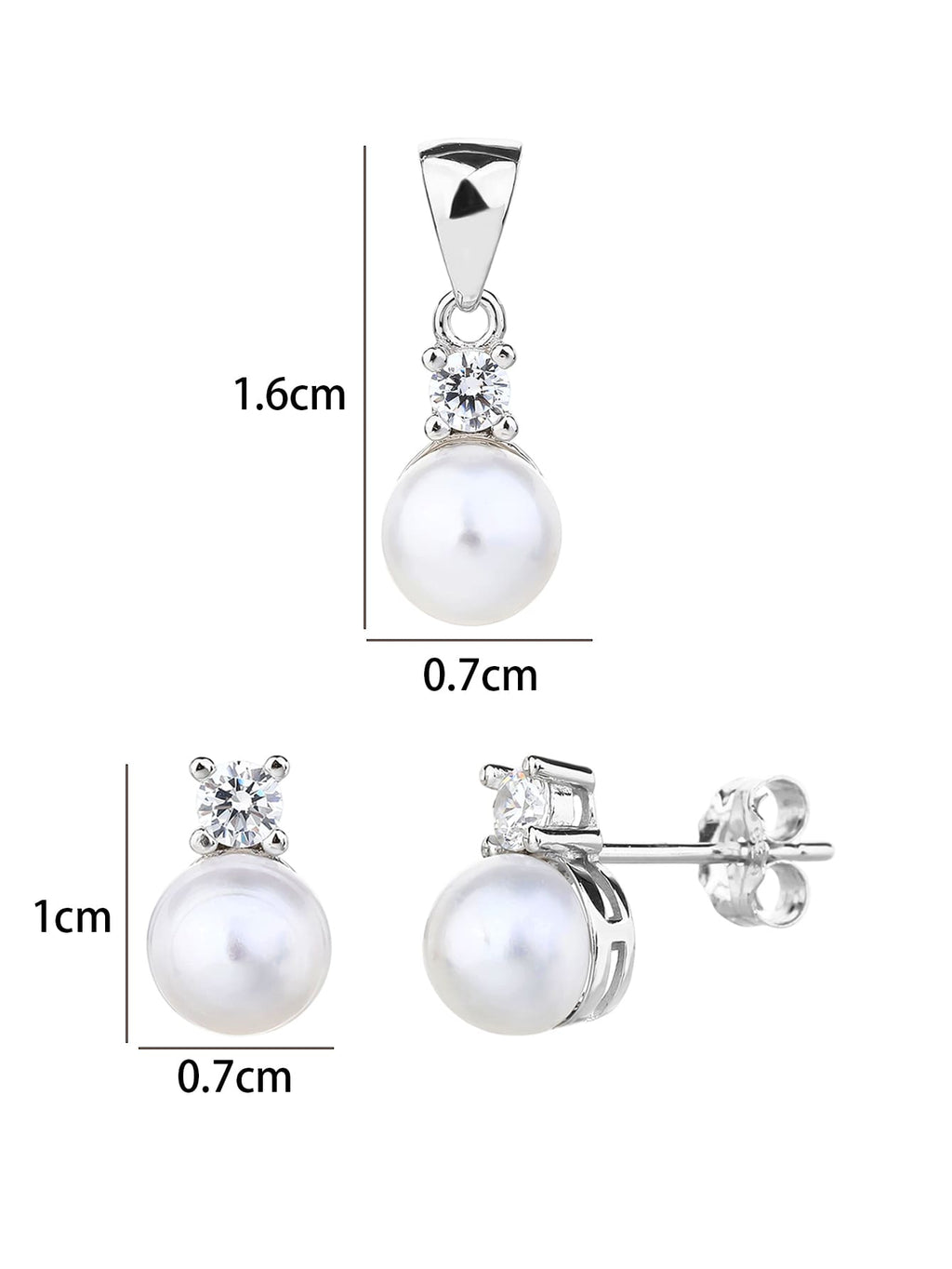 White pearl and cubic zirconia jewellery set with silver components crafted from hallmarked, rhodium-plated 925 sterling silver – dimensions – DRESCHER Jewellery®