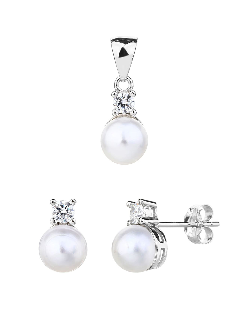 White pearl and cubic zirconia jewellery set with silver components crafted from hallmarked, rhodium-plated 925 sterling silver – complete set – DRESCHER Jewellery®