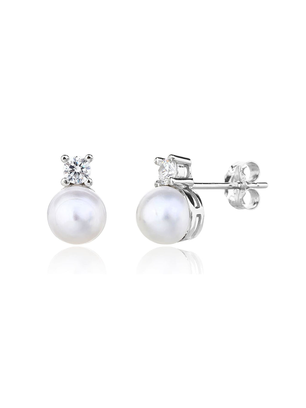 White pearl and cubic zirconia stud earrings with silver components crafted from hallmarked, rhodium-plated 925 sterling silver – front and side views – DRESCHER Jewellery®