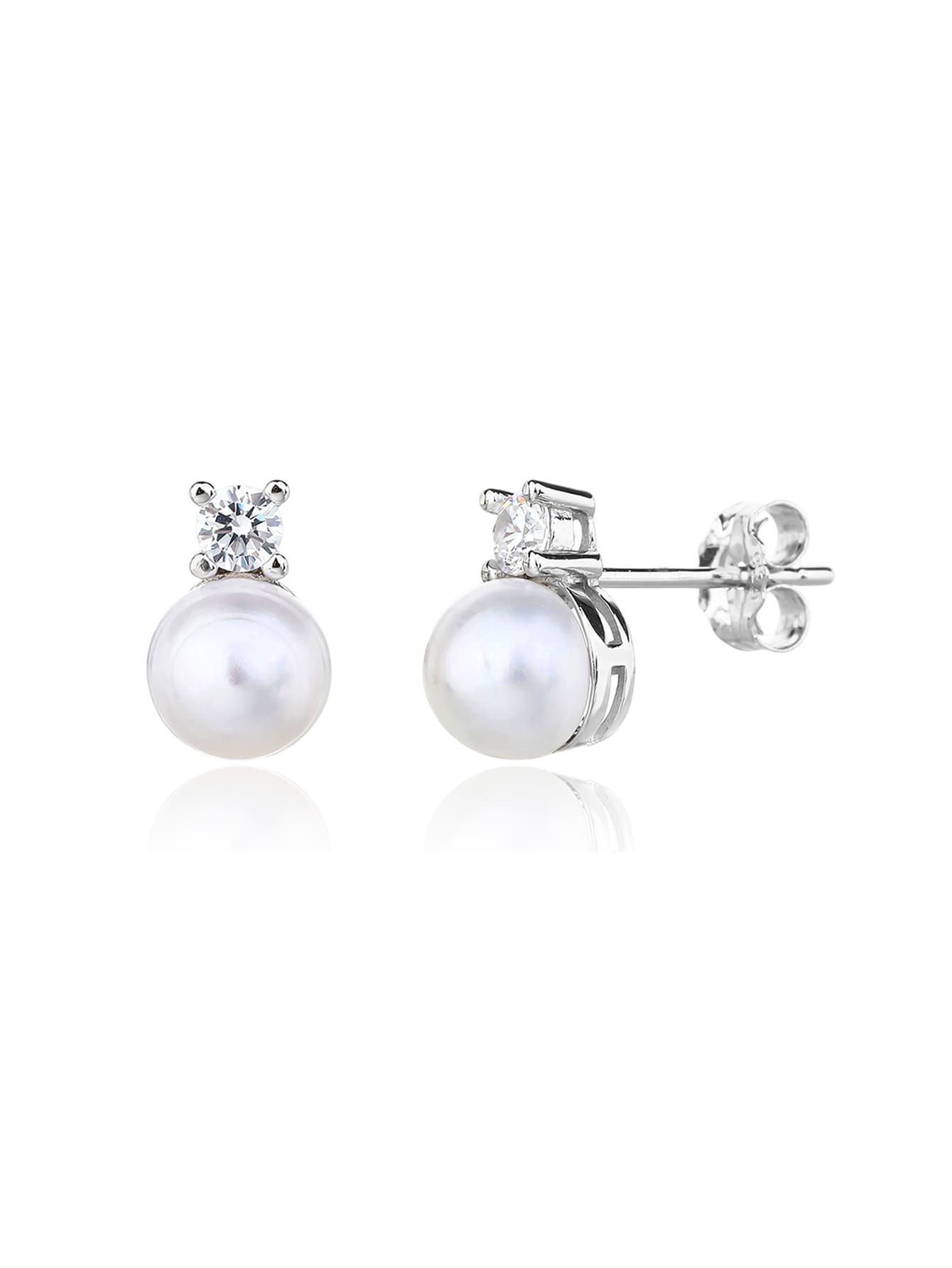 White pearl and cubic zirconia stud earrings with silver components crafted from hallmarked, rhodium-plated 925 sterling silver – front and side views – DRESCHER Jewellery®