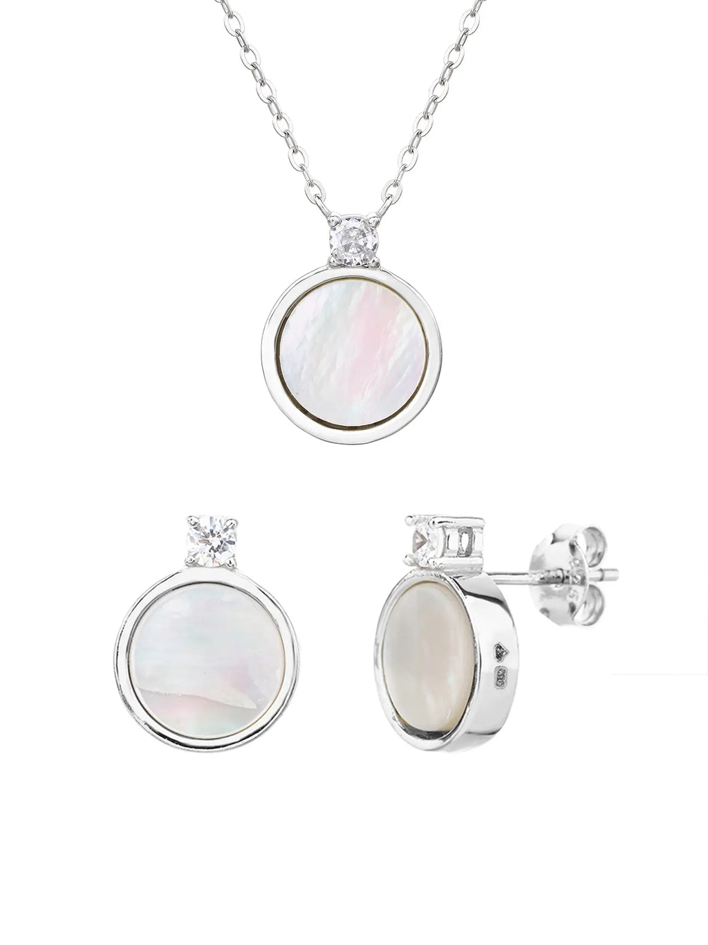 Mother of pearl silver bezel set with cubic zirconia stones - without chain, with silver components crafted from hallmarked, rhodium-plated 925 sterling silver – front set view – DRESCHER Jewellery®