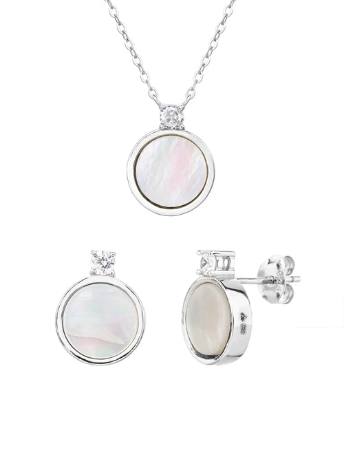 Mother of pearl silver bezel set with cubic zirconia stones - without chain, with silver components crafted from hallmarked, rhodium-plated 925 sterling silver – front set view – DRESCHER Jewellery®