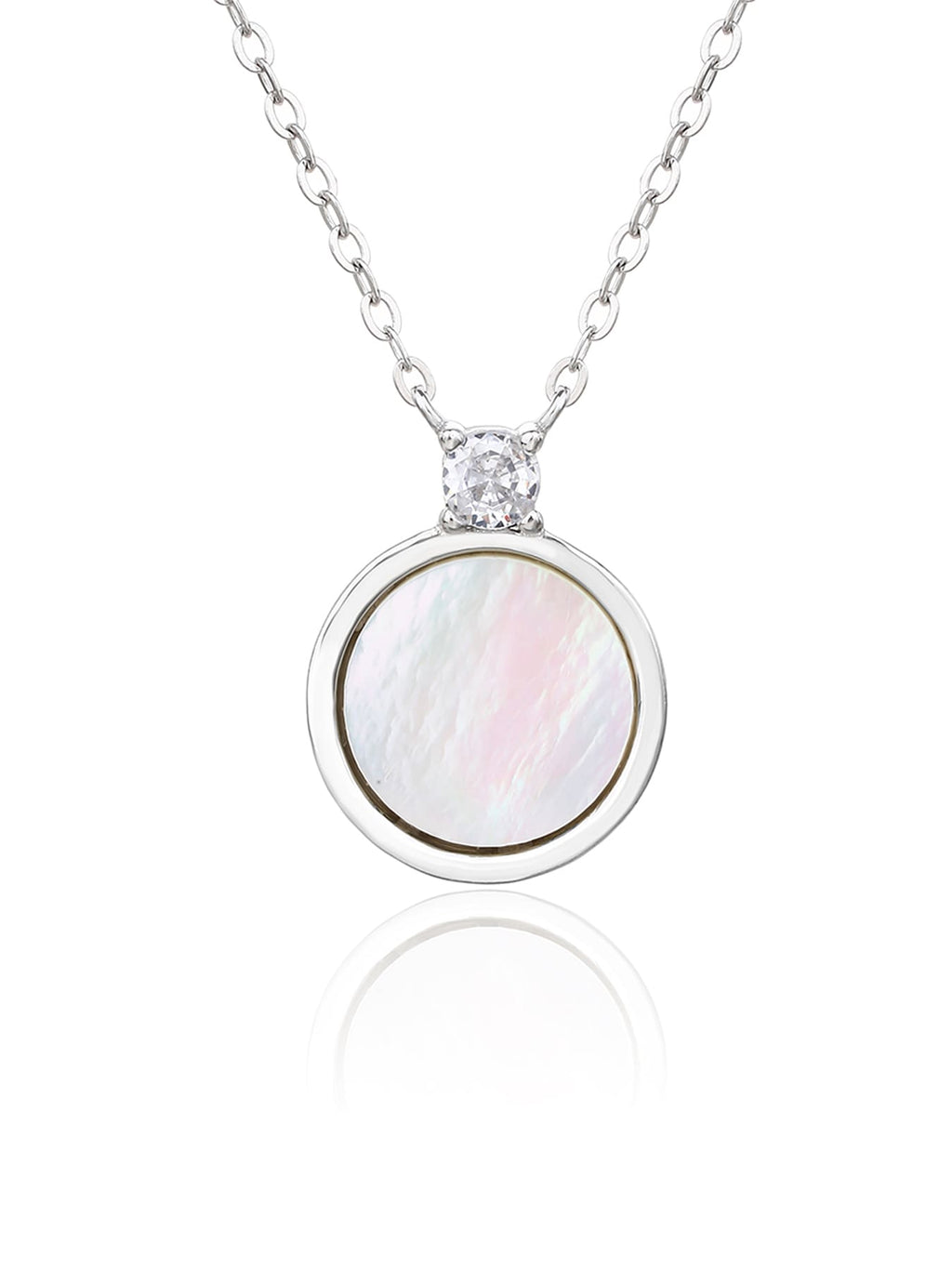 Mother of pearl silver bezel set with cubic zirconia stones - without chain, with silver components crafted from hallmarked, rhodium-plated 925 sterling silver – worn view – DRESCHER Jewellery®