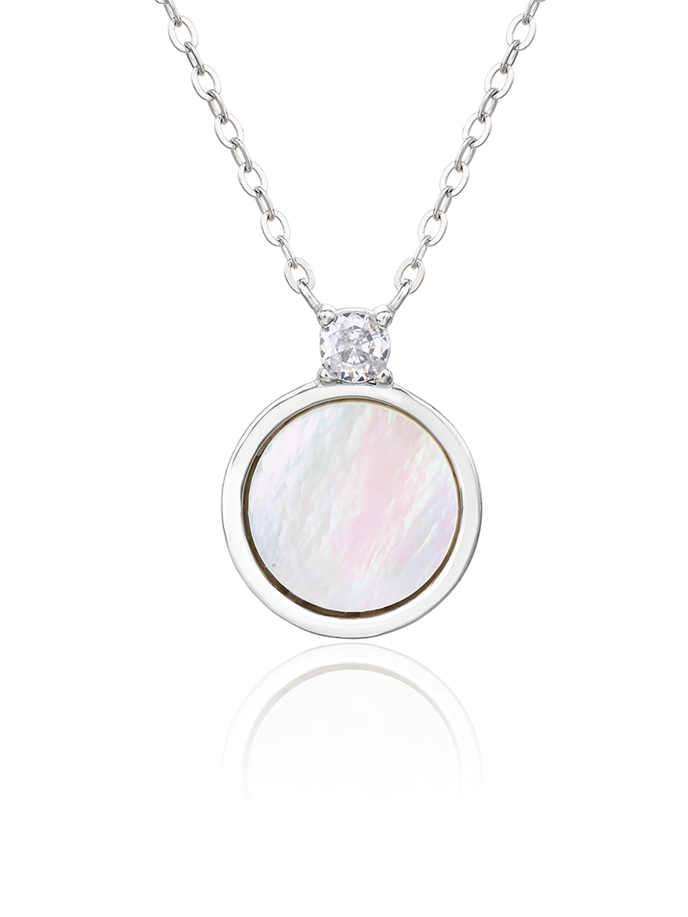 Mother of pearl silver bezel set with rhodium plated cubic zirconia stones - without chain