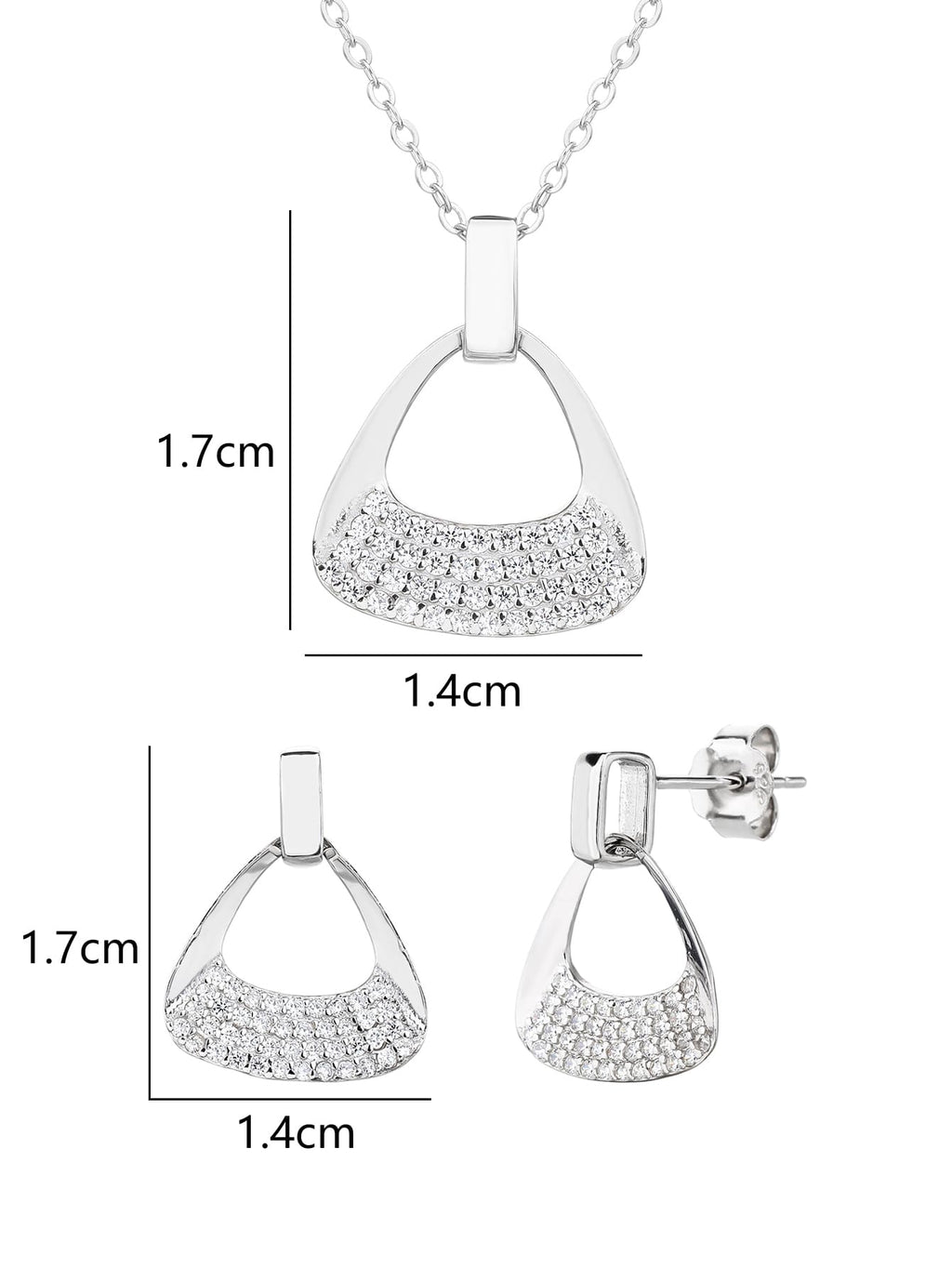 Triangular shaped jewel set with white cubic zirconia stones in hallmarked, rhodium-plated 925 sterling silver – display view – DRESCHER Jewellery®