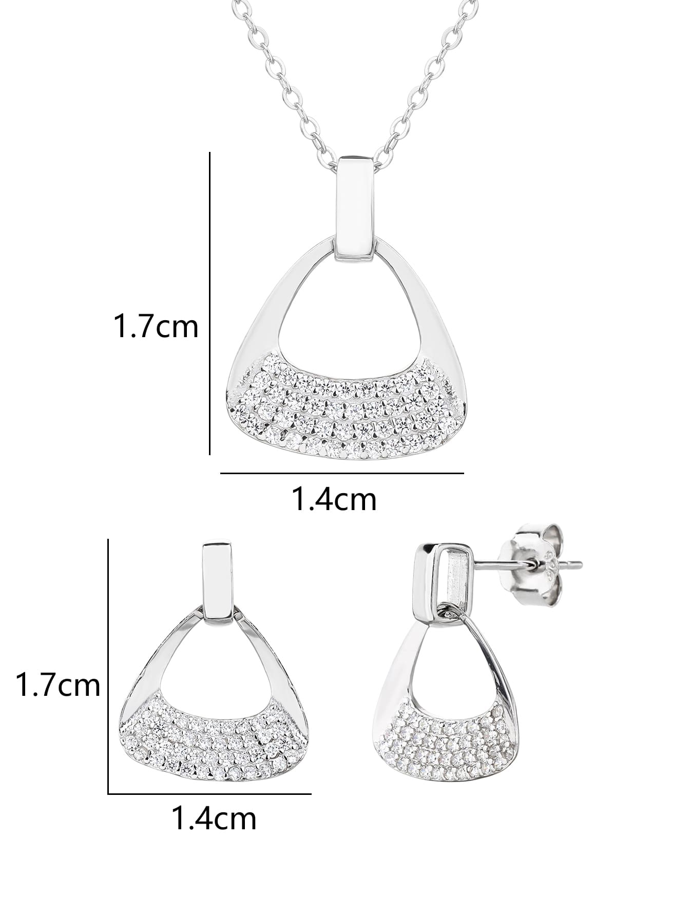 Triangular shaped jewel set with white cubic zirconia stones