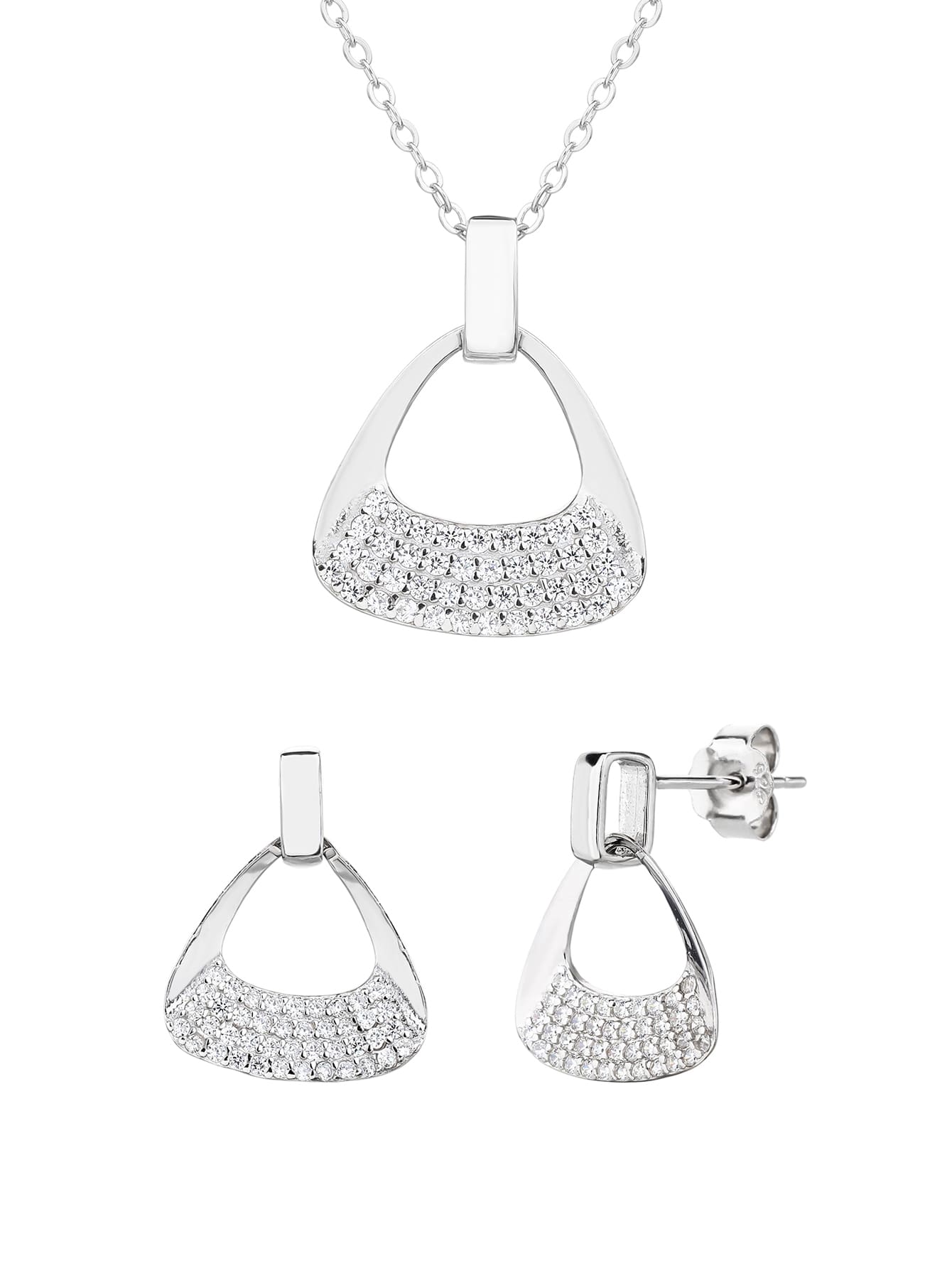 Triangular shaped jewel set with white cubic zirconia stones