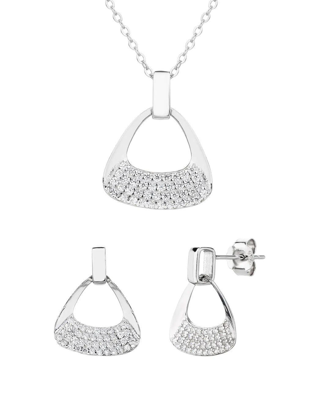 Triangular shaped jewel set with white cubic zirconia stones in hallmarked, rhodium-plated 925 sterling silver – front set view – DRESCHER Jewellery®