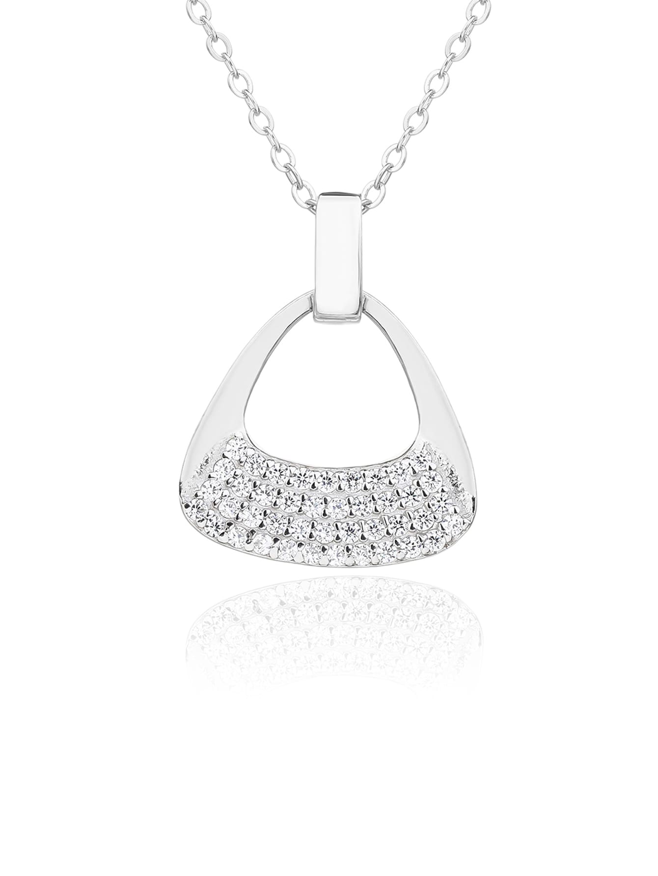 Triangular shaped jewel set with white cubic zirconia stones in hallmarked, rhodium-plated 925 sterling silver – detail view – DRESCHER Jewellery®