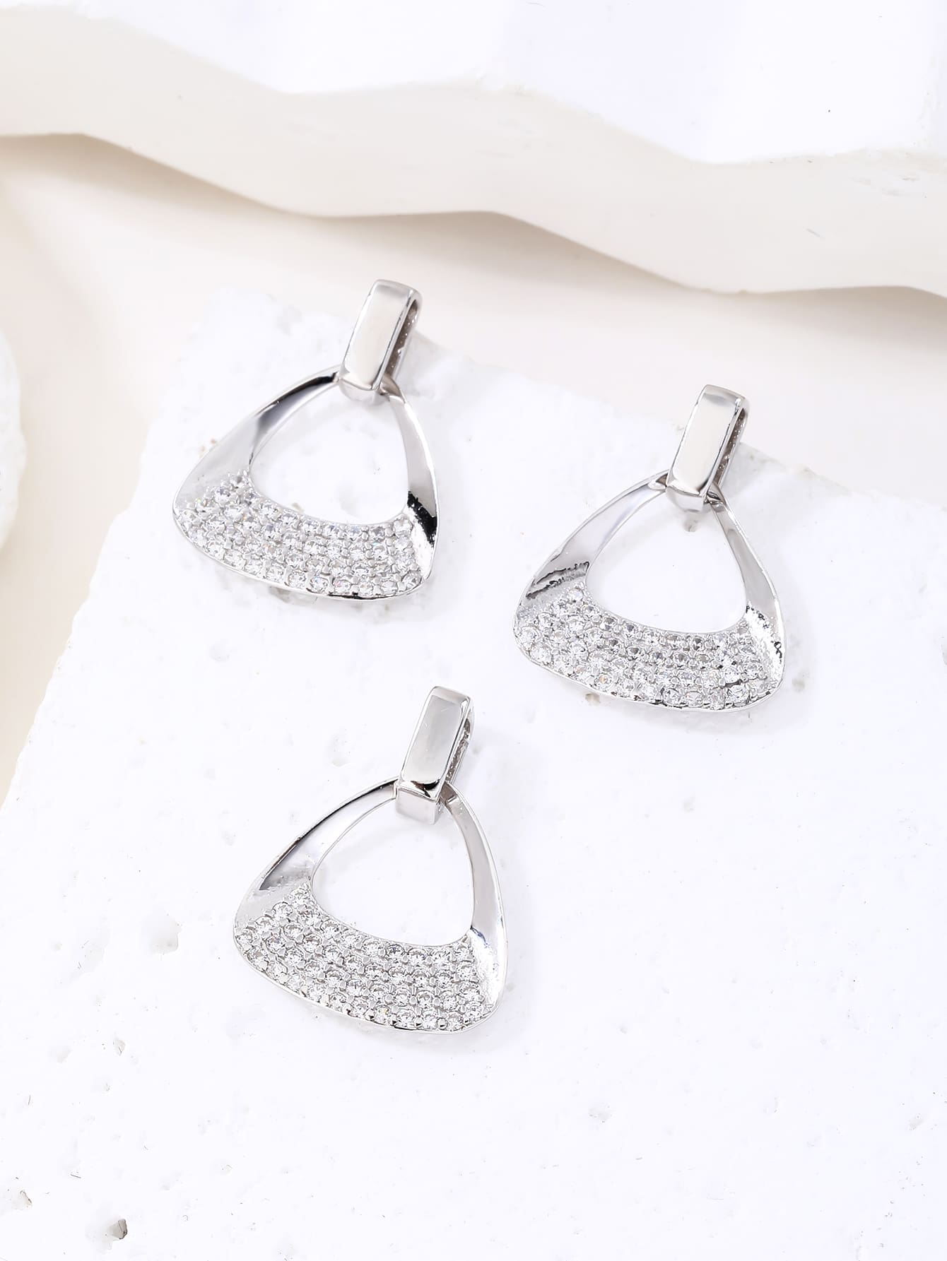 Triangular shaped jewel set with white cubic zirconia stones in hallmarked, rhodium-plated 925 sterling silver – alternate component view – DRESCHER Jewellery®