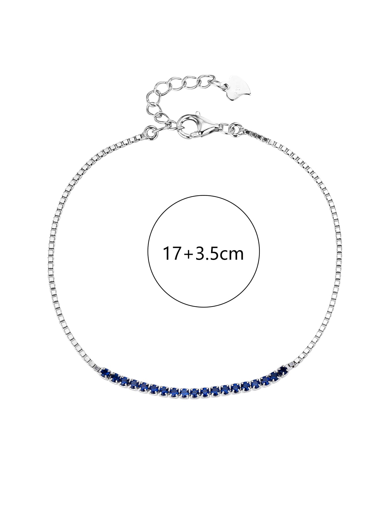 Bracelet with blue zirconia stones in hallmarked, rhodium-plated 925 sterling silver – dimensions view – DRESCHER Jewellery®