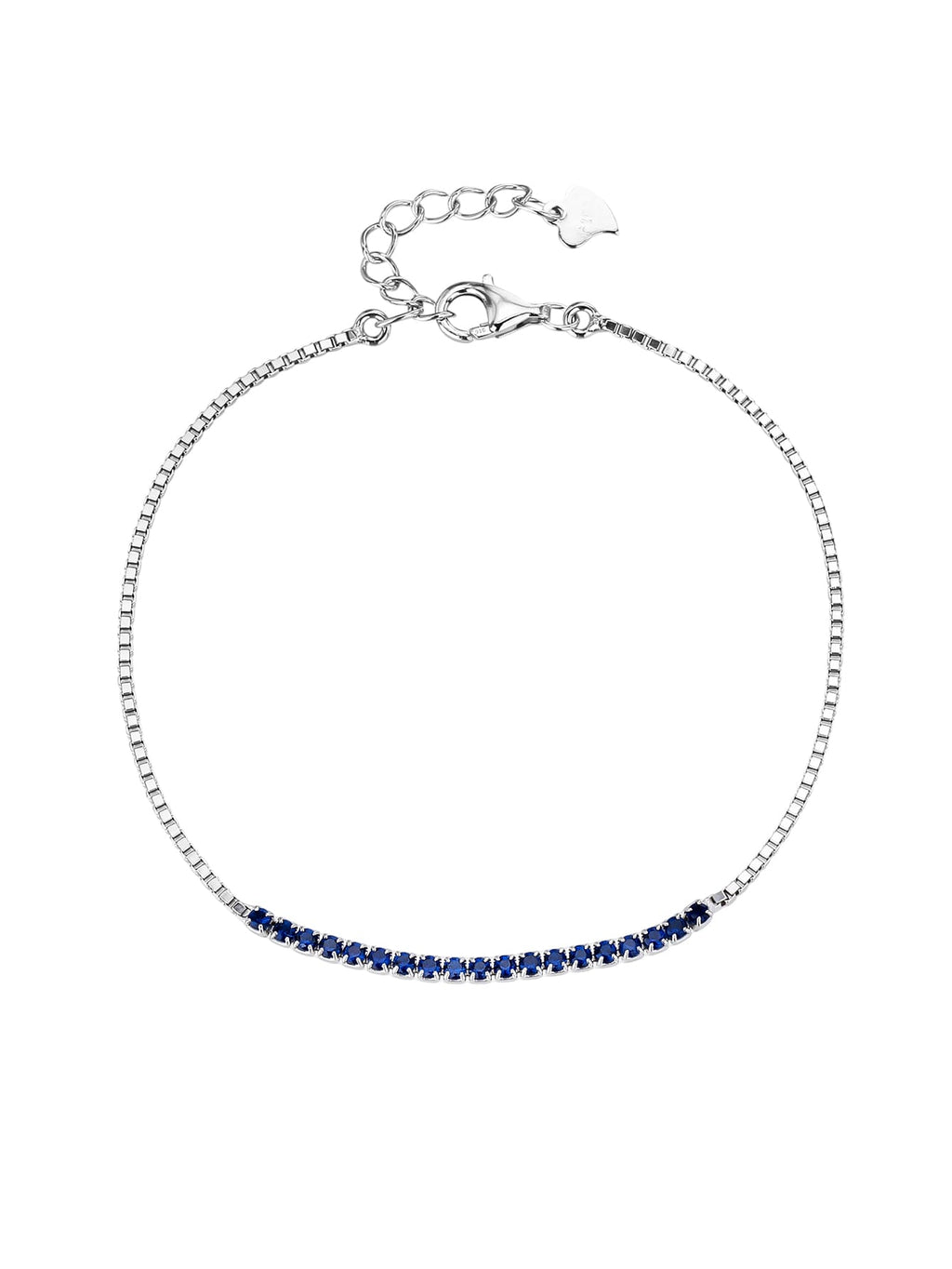 Bracelet with blue zirconia stones in hallmarked, rhodium-plated 925 sterling silver – display view – DRESCHER Jewellery®
