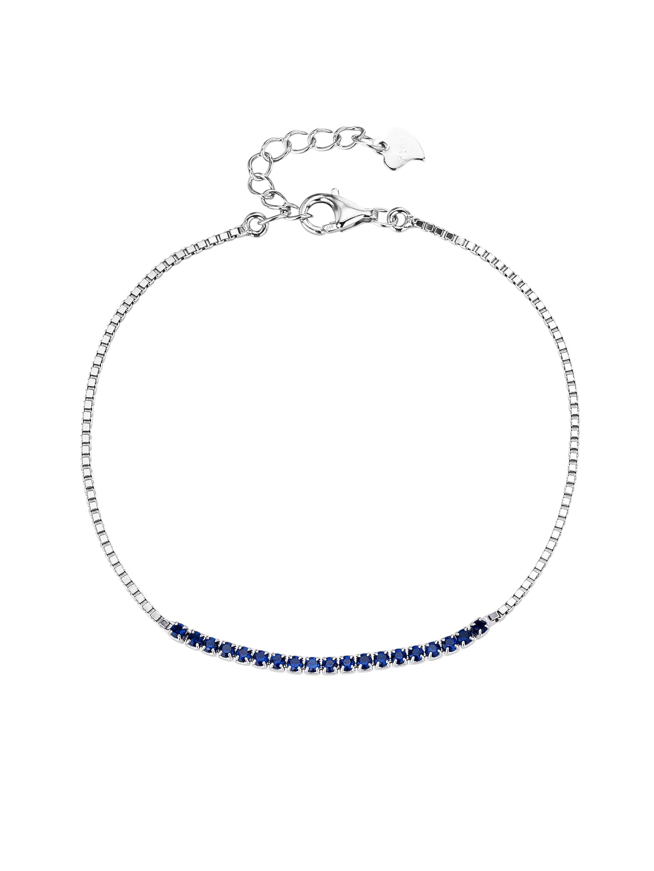 Bracelet with blue zirconia stones in hallmarked, rhodium-plated 925 sterling silver – display view – DRESCHER Jewellery®