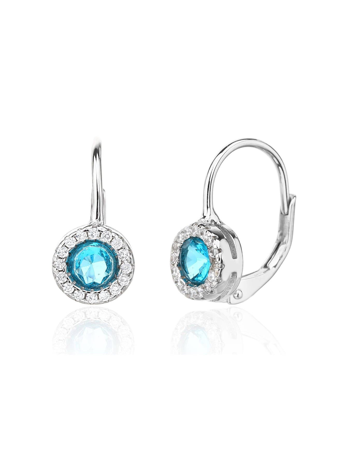 blue cubic zirconia stud earrings in hallmarked, rhodium-plated 925 sterling silver – front and side views – DRESCHER Jewellery®