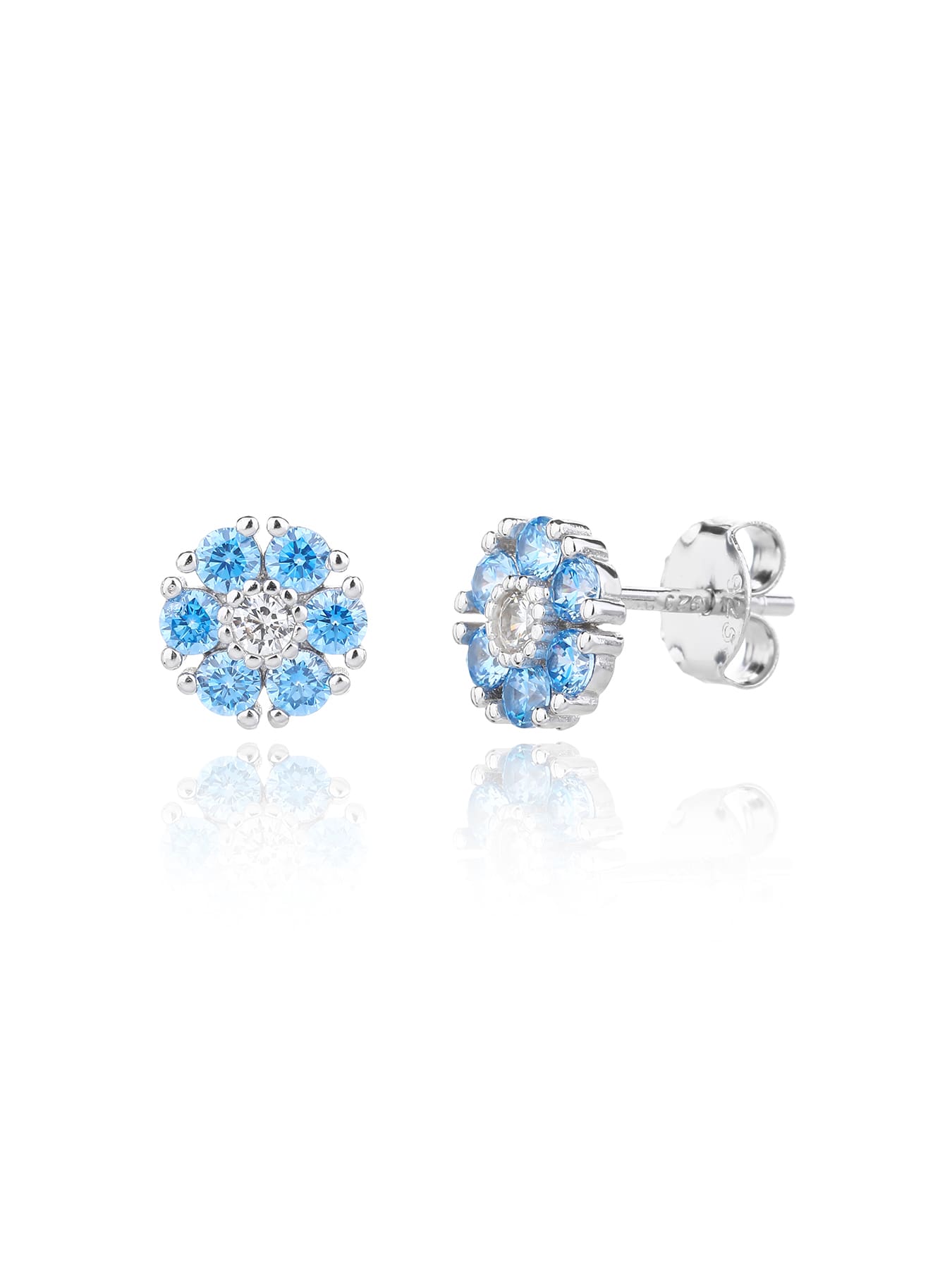 blue flower stud earrings in hallmarked, rhodium-plated 925 sterling silver – front and side views – DRESCHER Jewellery®