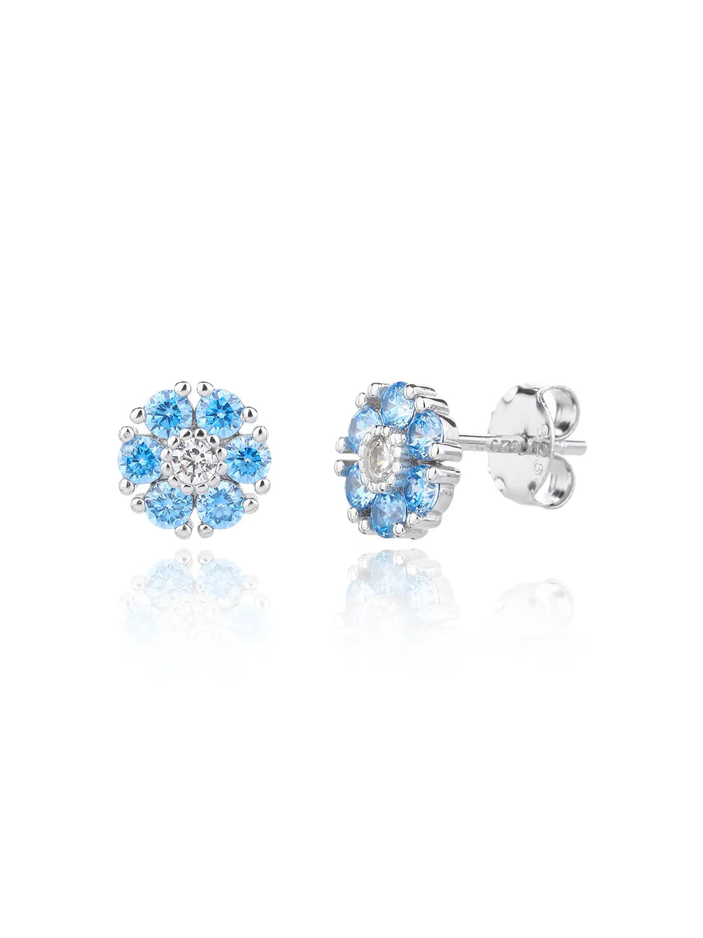 blue flower stud earrings in hallmarked, rhodium-plated 925 sterling silver – front and side views – DRESCHER Jewellery®