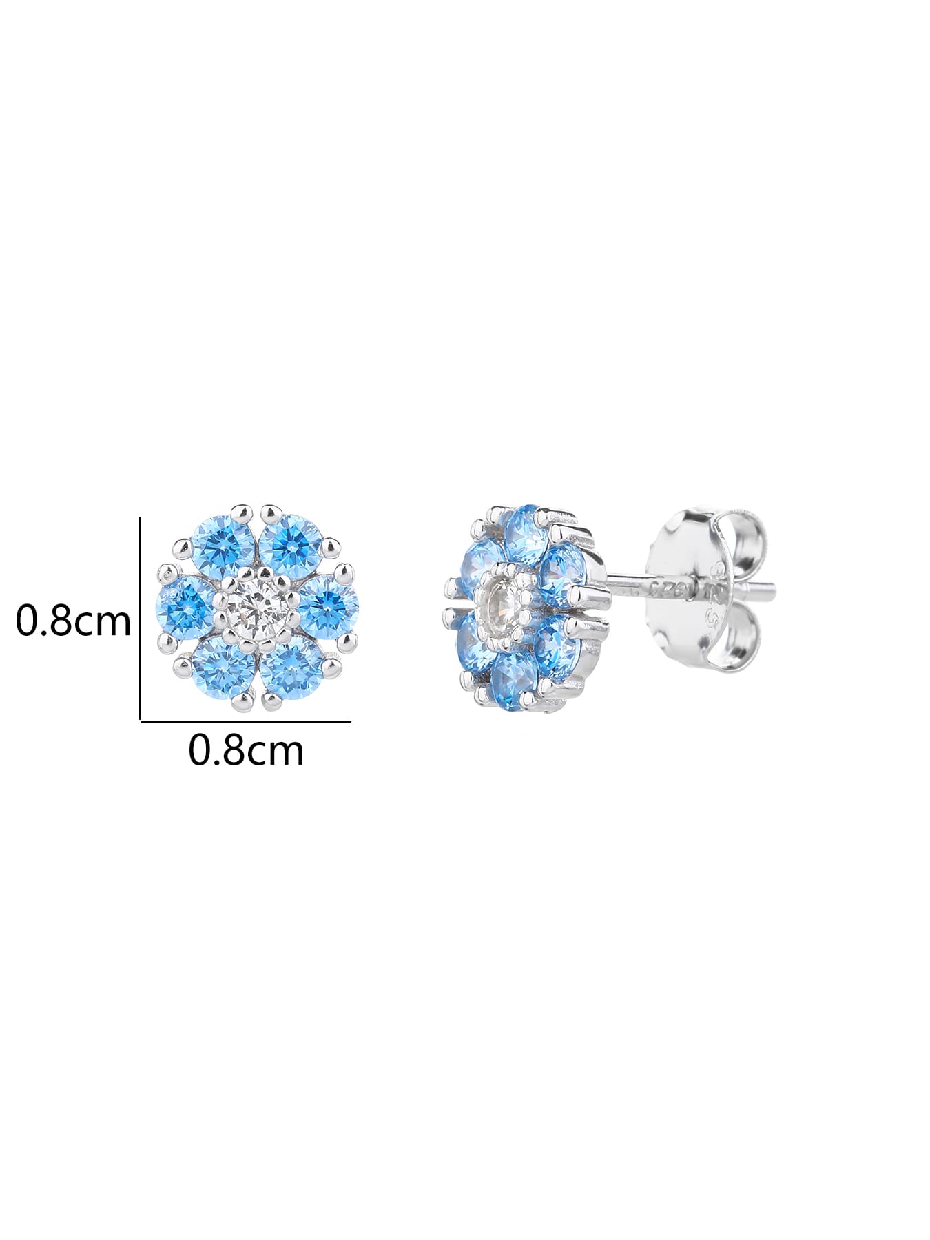 blue flower stud earrings in hallmarked, rhodium-plated 925 sterling silver – dimensions – DRESCHER Jewellery®