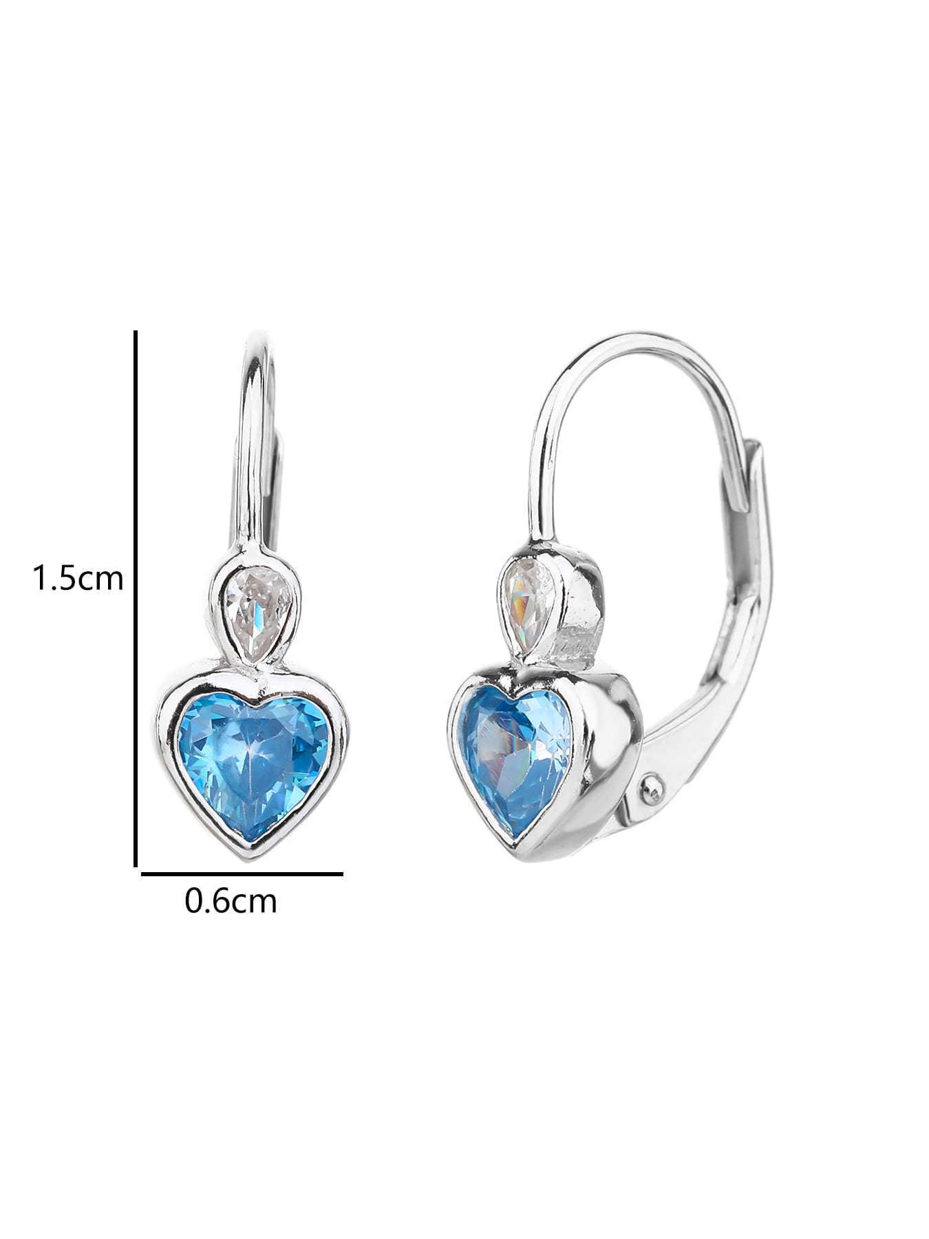 blue heart-shaped cubic zirconia children’s earrings in hallmarked, rhodium-plated 925 sterling silver – dimensions – DRESCHER Jewellery®