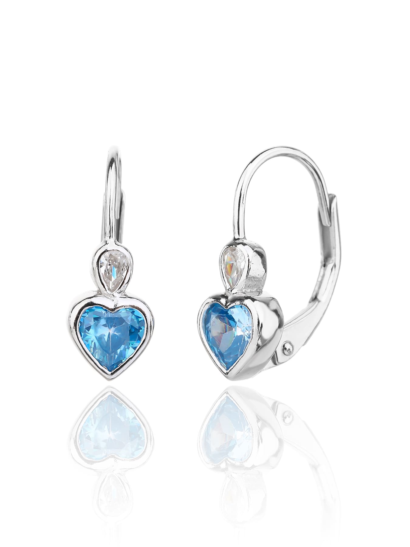 blue heart-shaped cubic zirconia children’s earrings in hallmarked, rhodium-plated 925 sterling silver – front and side views – DRESCHER Jewellery®
