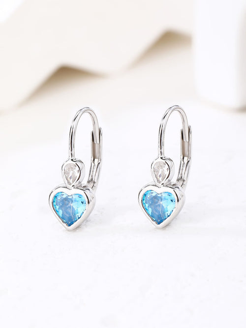 blue heart-shaped cubic zirconia children’s earrings in hallmarked, rhodium-plated 925 sterling silver – display view – DRESCHER Jewellery®